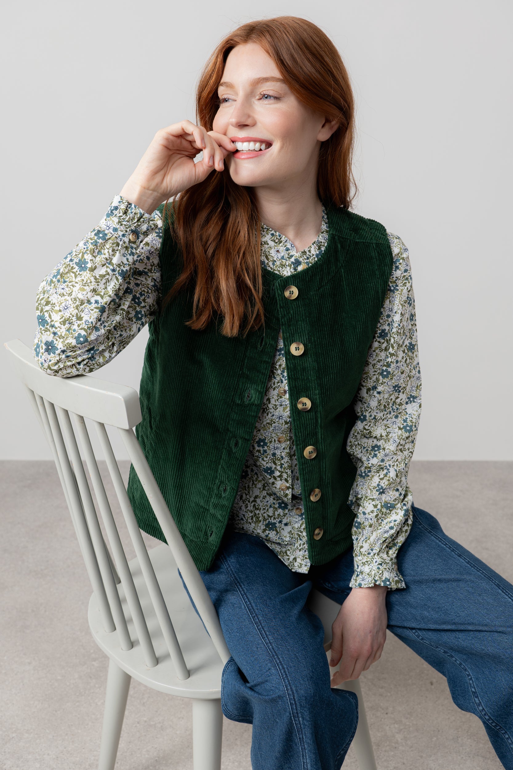 Lily & Me Dusk Stretch Cotton Jumbo Cord Gilet Pine Green