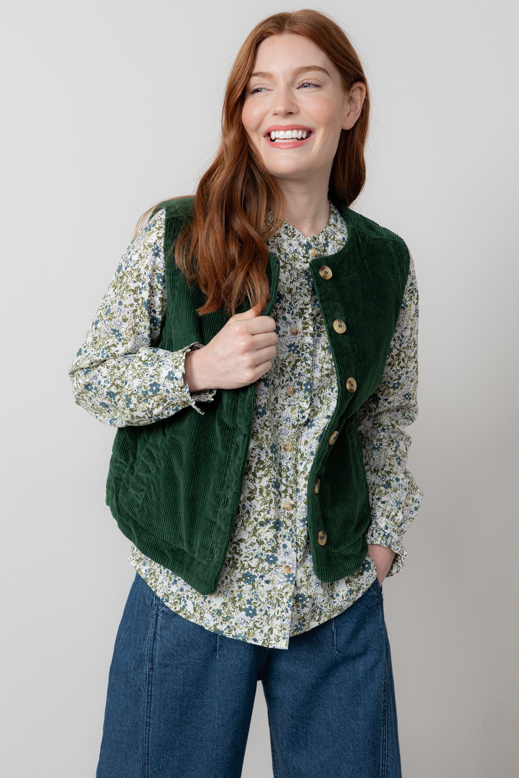 Lily & Me Dusk Stretch Cotton Jumbo Cord Gilet Pine Green