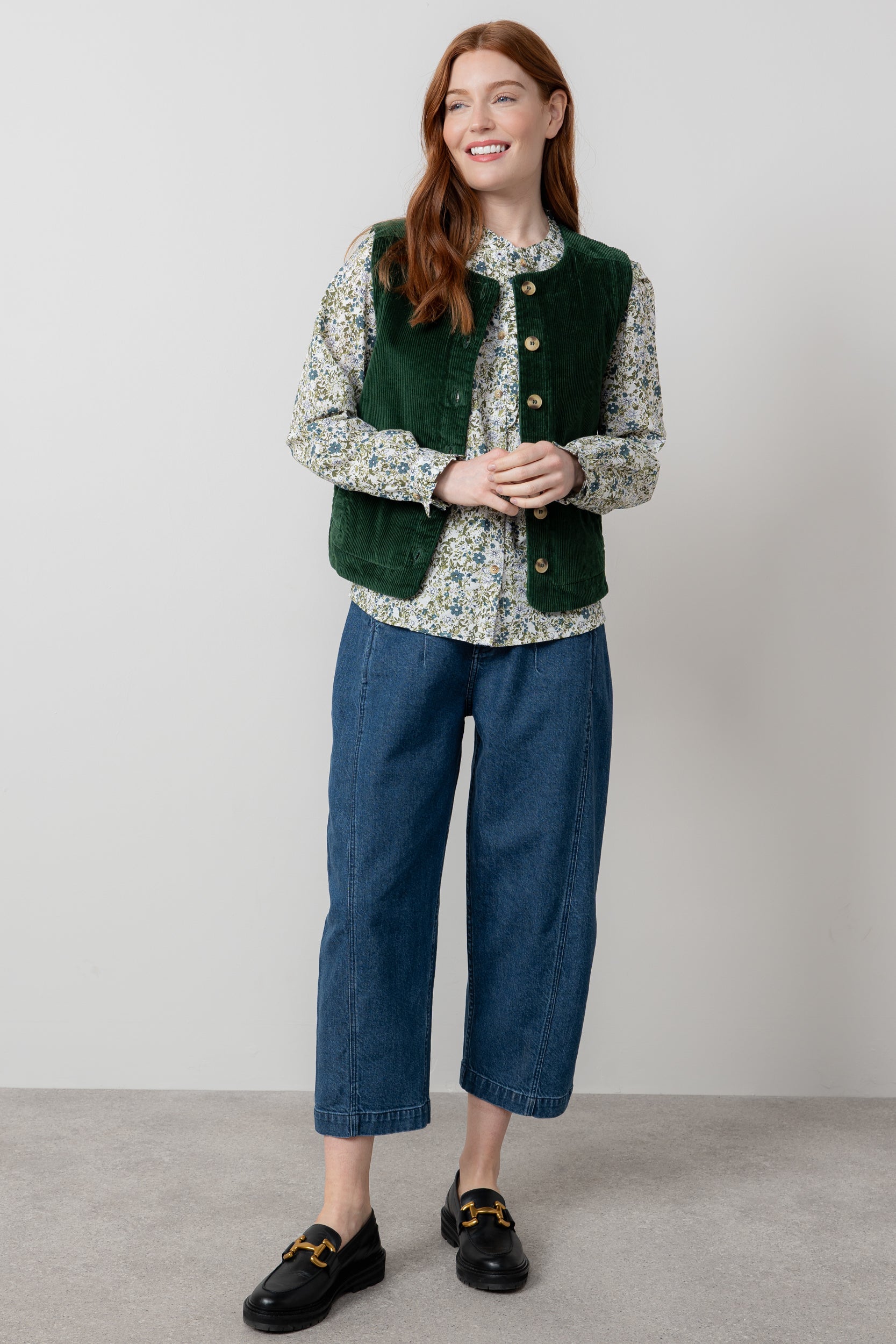 Lily & Me Dusk Stretch Cotton Jumbo Cord Gilet Pine Green