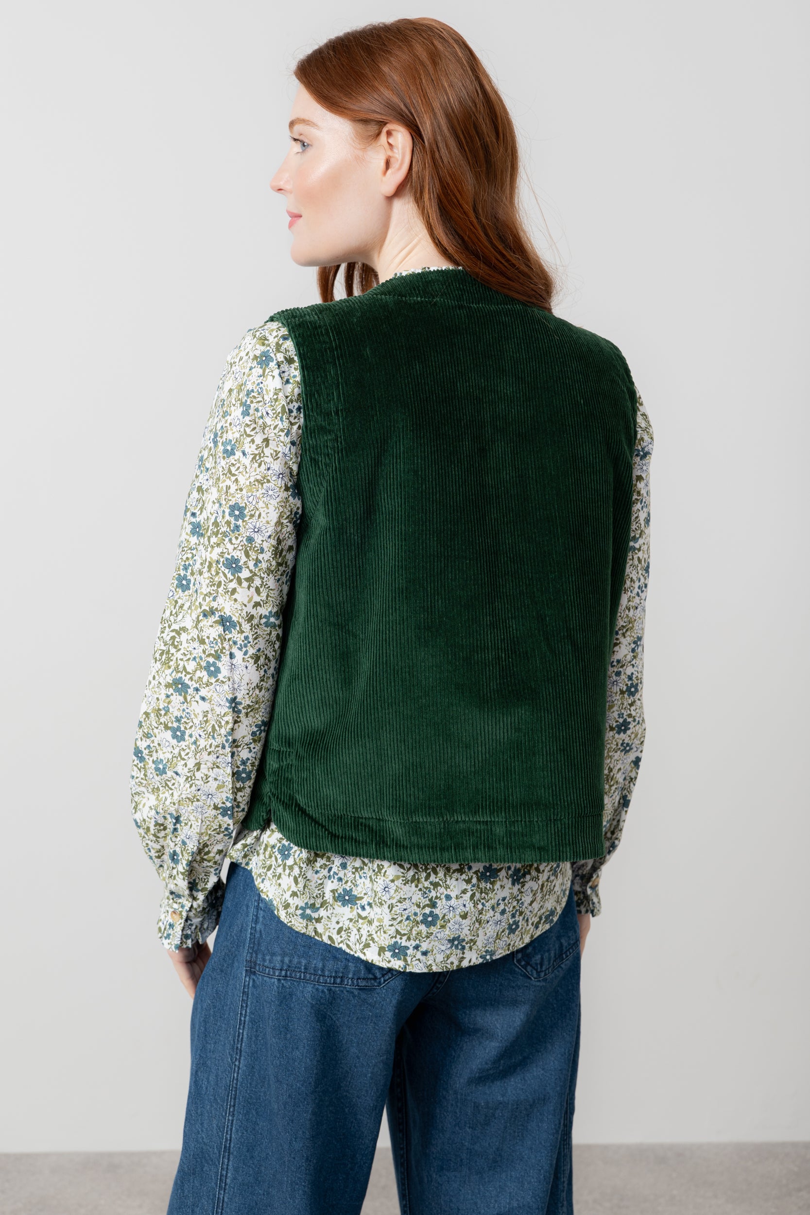 Lily & Me Dusk Stretch Cotton Jumbo Cord Gilet Pine Green