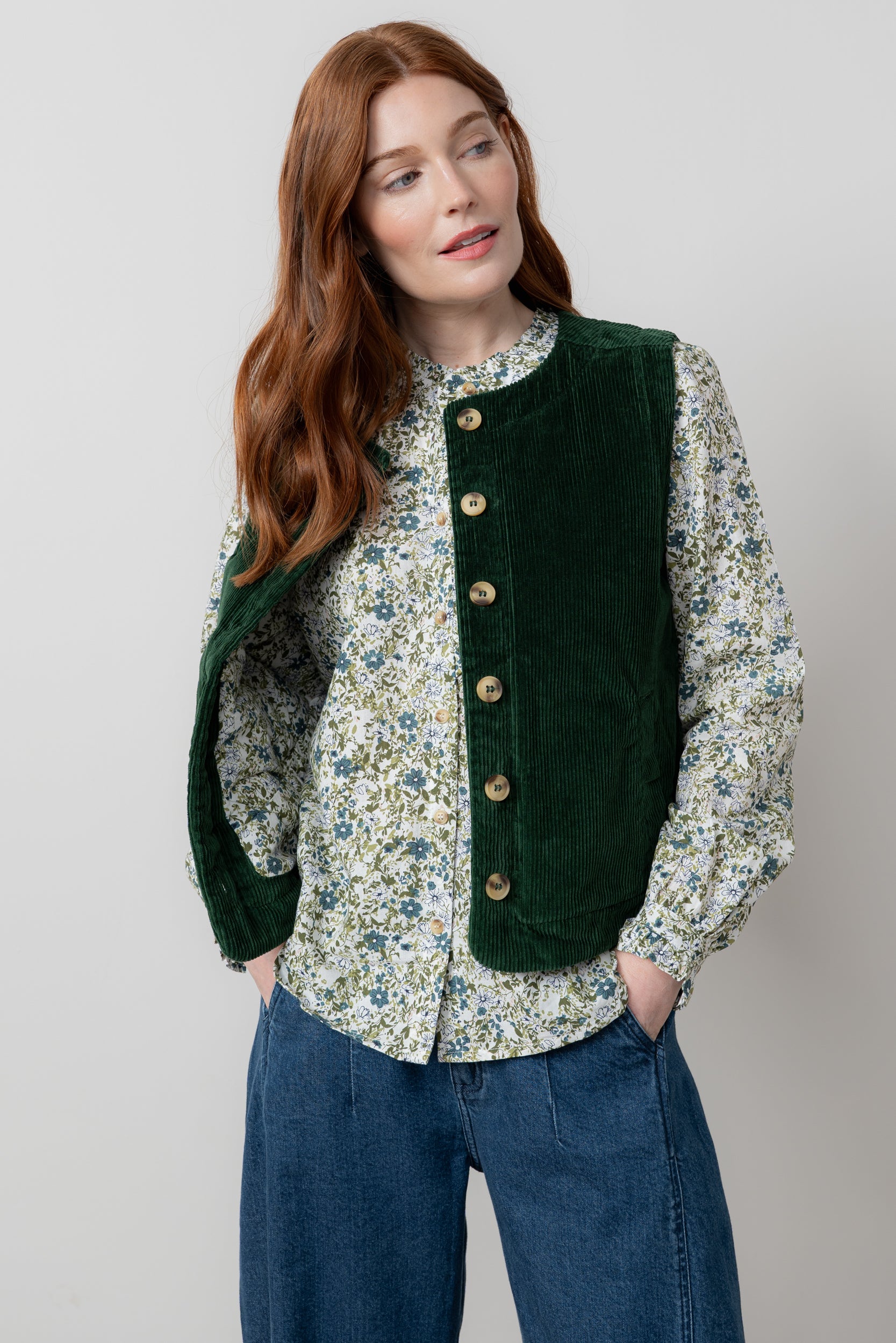 Lily & Me Dusk Stretch Cotton Jumbo Cord Gilet Pine Green