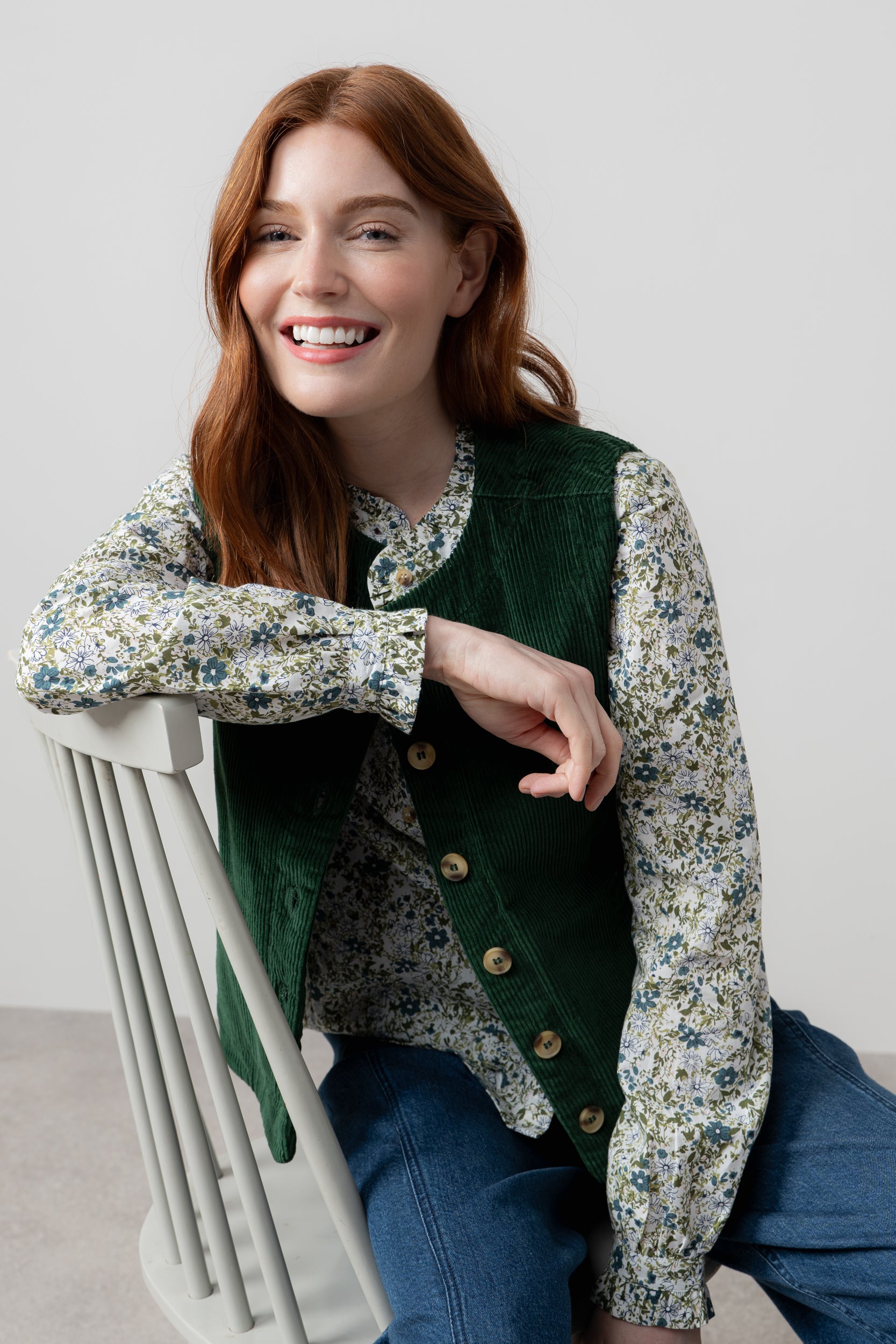 Lily & Me Dusk Stretch Cotton Jumbo Cord Gilet Pine Green
