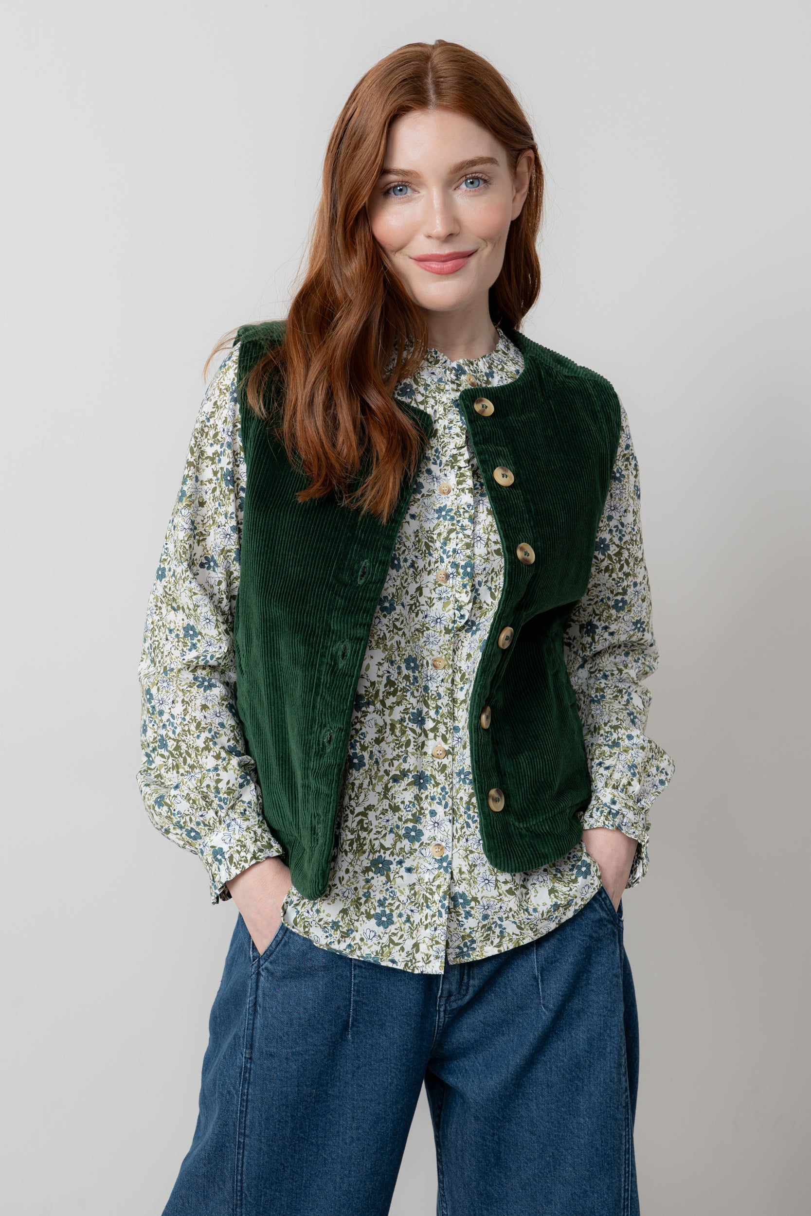 Lily & Me Dusk Stretch Cotton Jumbo Cord Gilet Pine Green