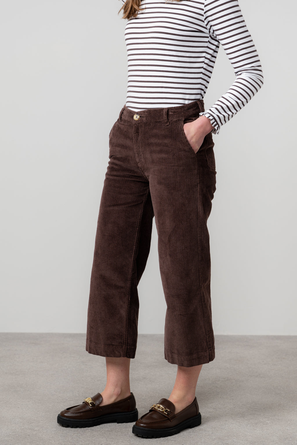 Lily & Me Isla Stretch Jumbo Corduroy Cropped Trousers Chocolate