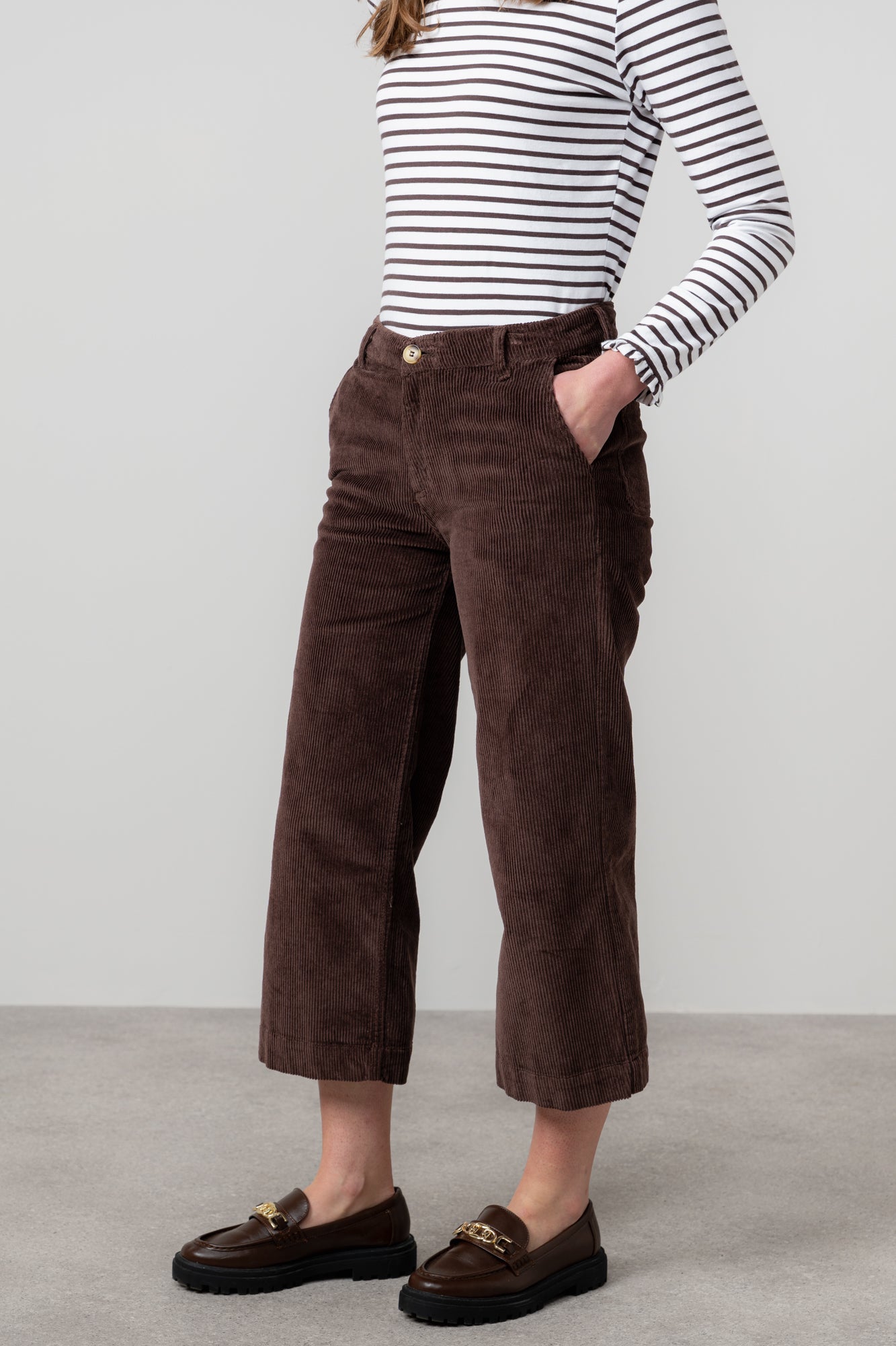 Lily & Me Isla Stretch Jumbo Corduroy Cropped Trousers Chocolate