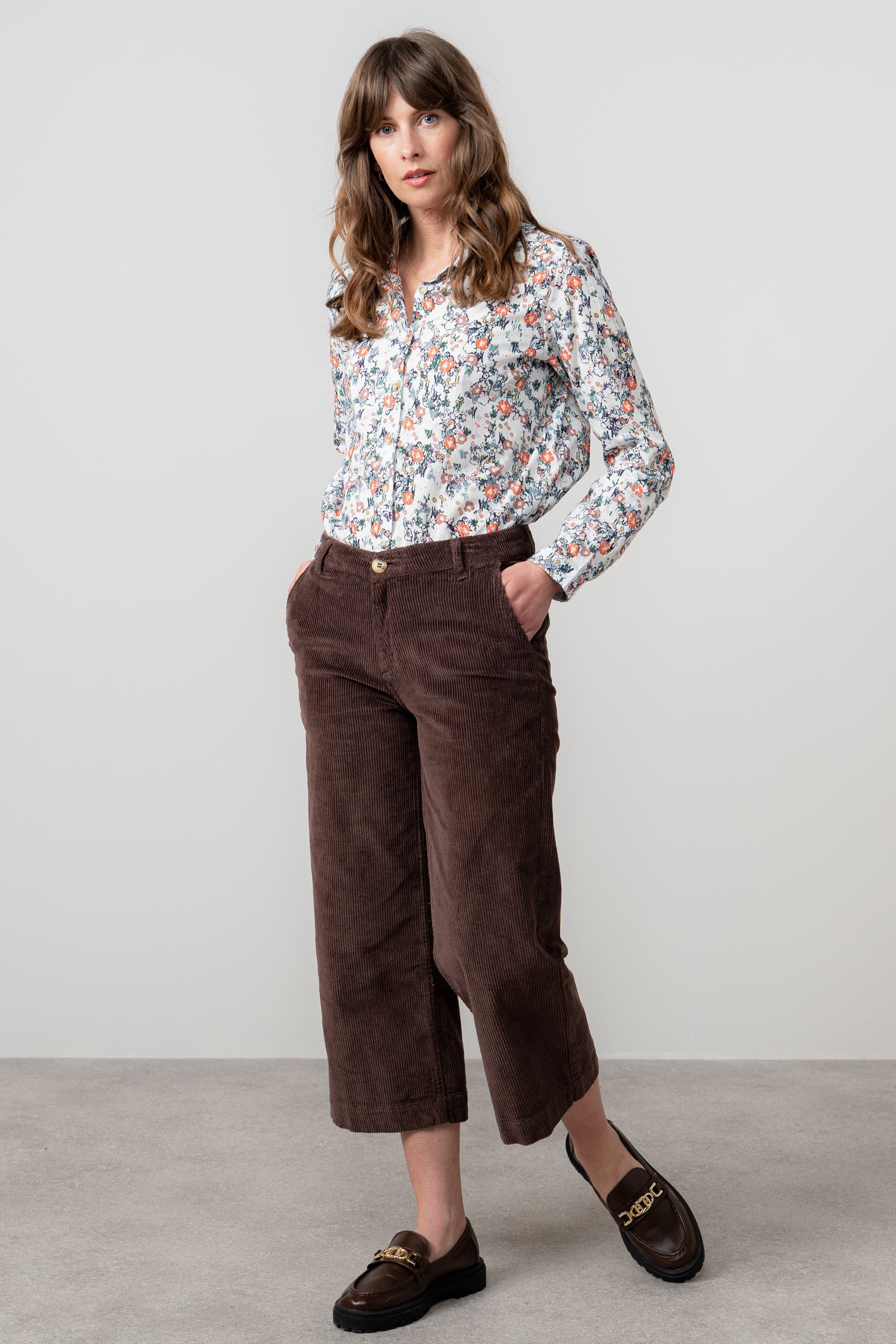 Lily & Me Isla Stretch Jumbo Corduroy Cropped Trousers Chocolate