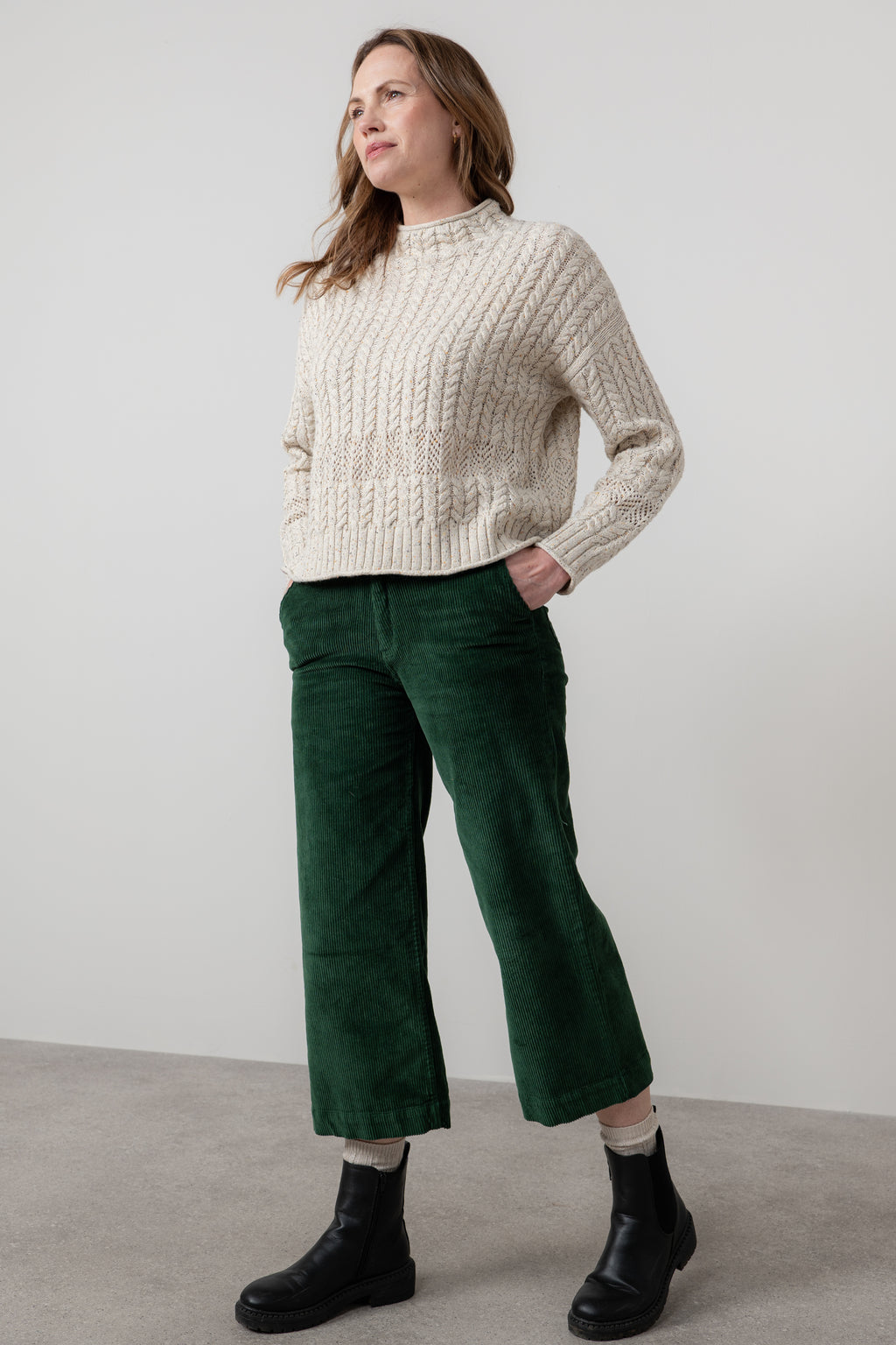 Lily & Me Isla Stretch Jumbo Cord Cropped Trousers Pine Green