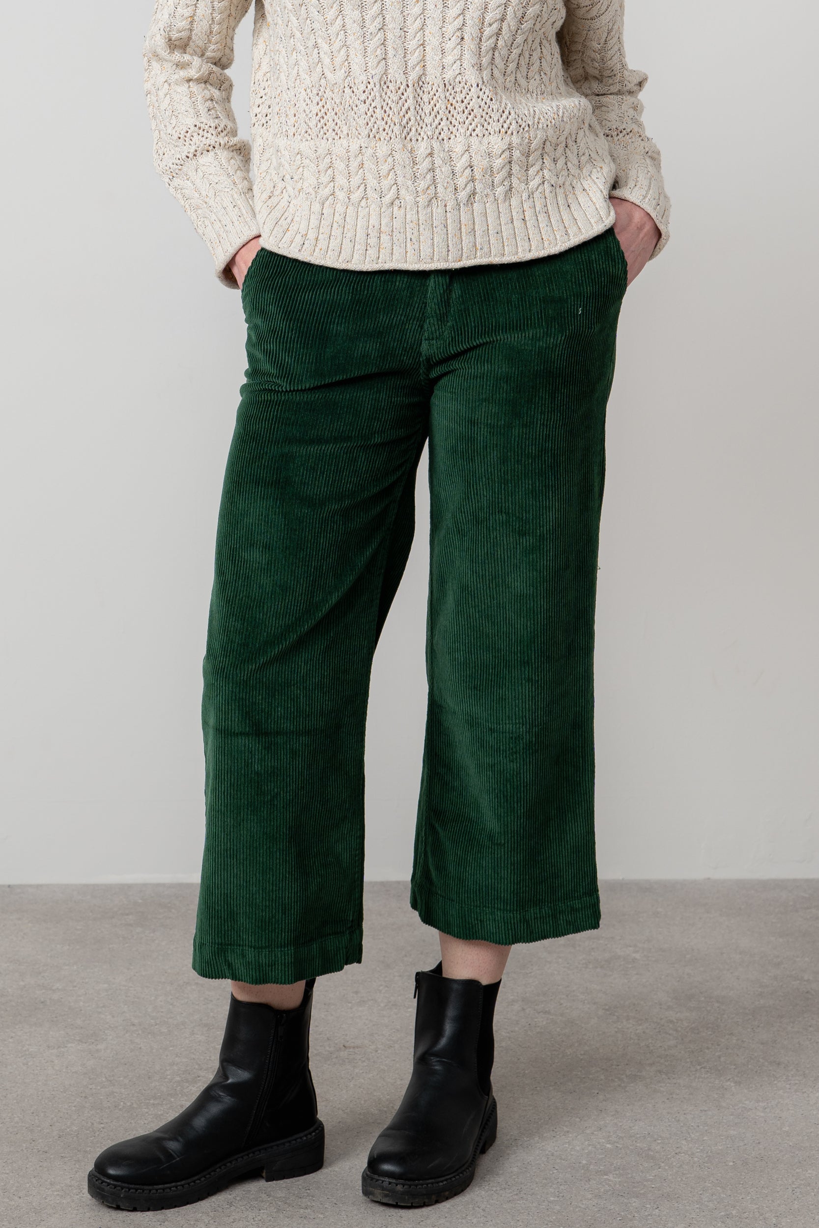 Lily & Me Isla Stretch Jumbo Cord Cropped Trousers Pine Green
