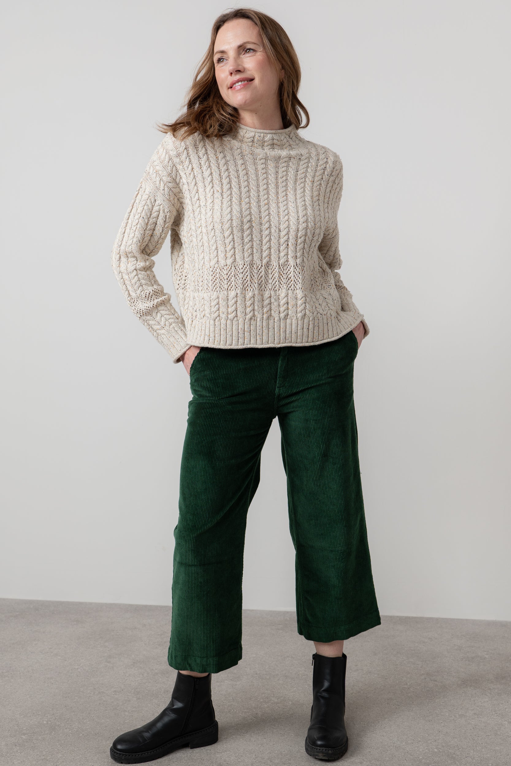 Lily & Me Isla Stretch Jumbo Cord Cropped Trousers Pine Green