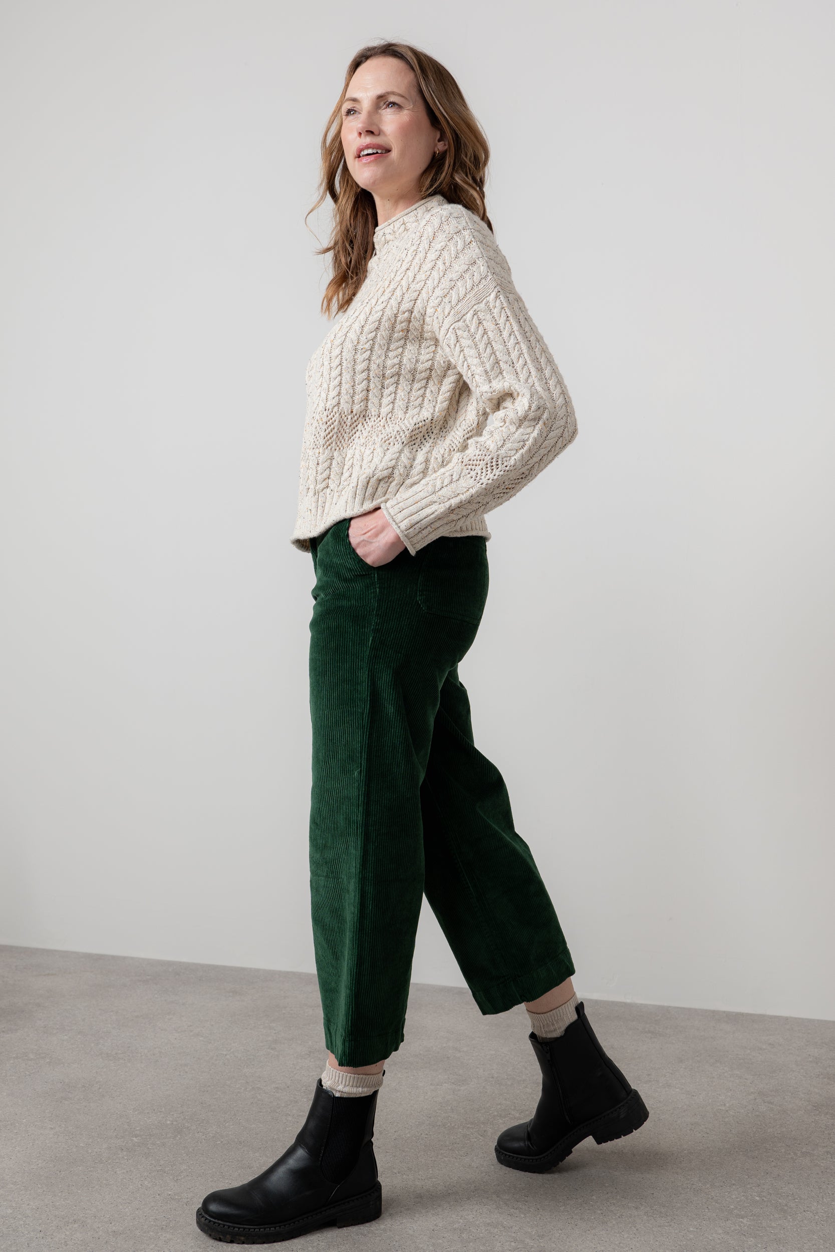 Lily & Me Isla Stretch Jumbo Cord Cropped Trousers Pine Green