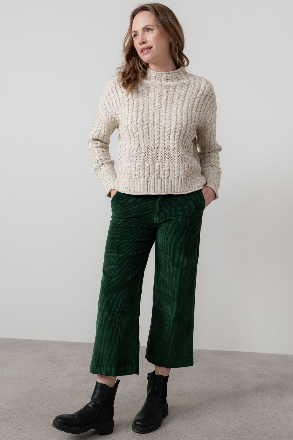Lily & Me Isla Stretch Jumbo Cord Cropped Trousers Pine Green