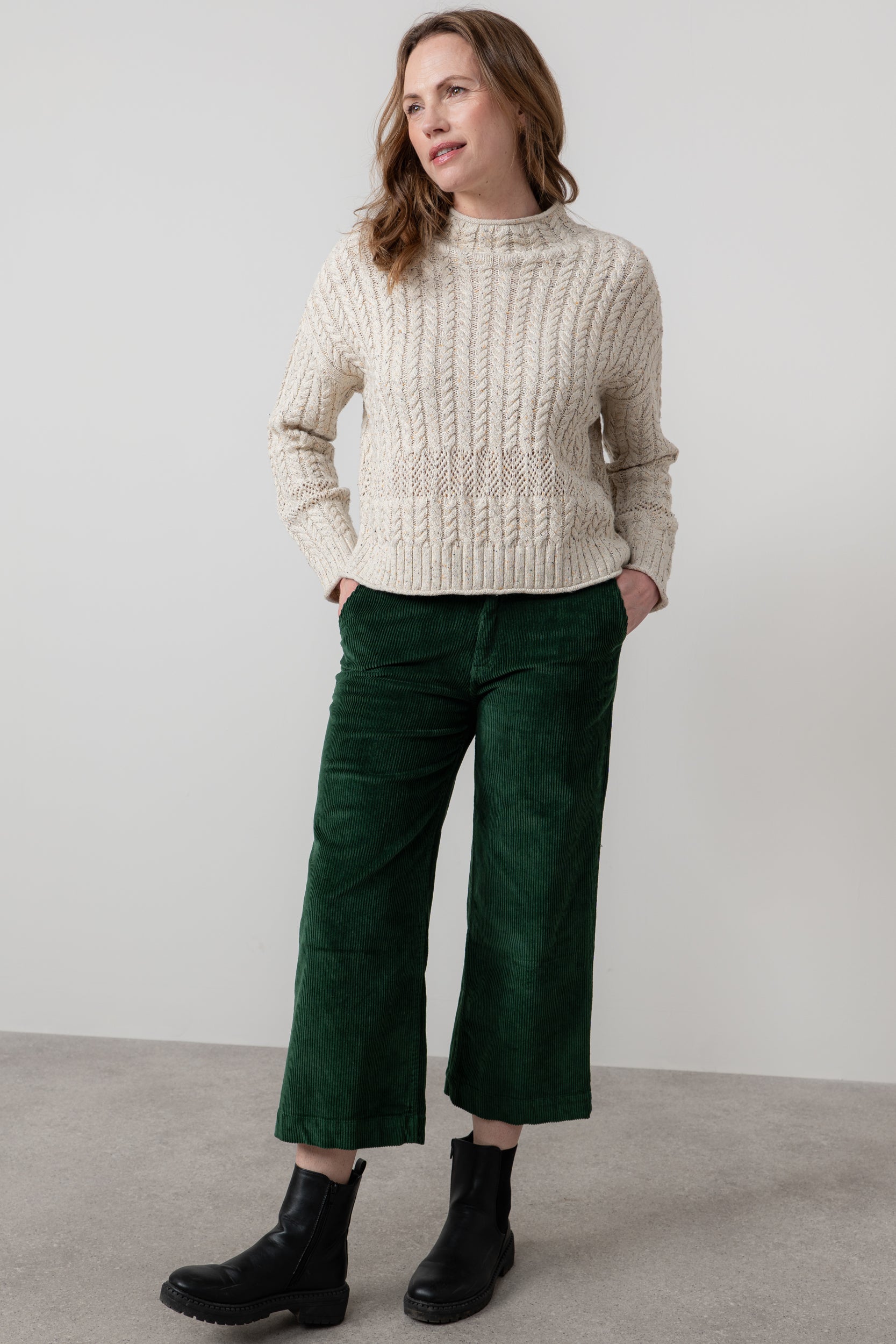 Lily & Me Isla Stretch Jumbo Cord Cropped Trousers Pine Green