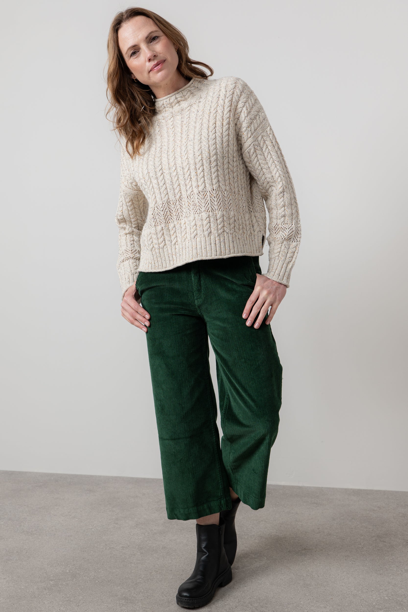 Lily & Me Isla Stretch Jumbo Cord Cropped Trousers Pine Green