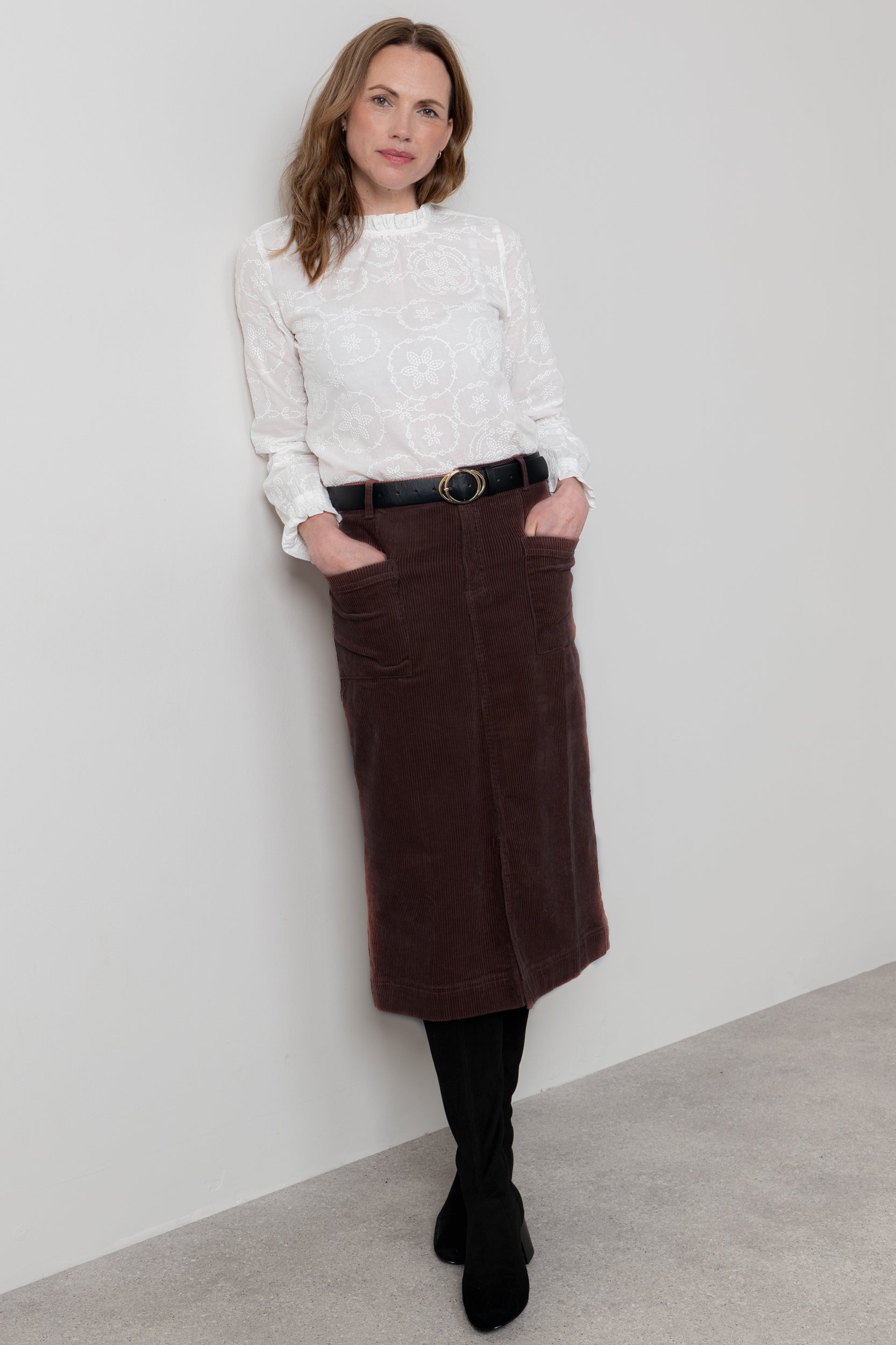 Lily & Me Penrose Stretch Jumbo Cord Midi Skirt Chocolate