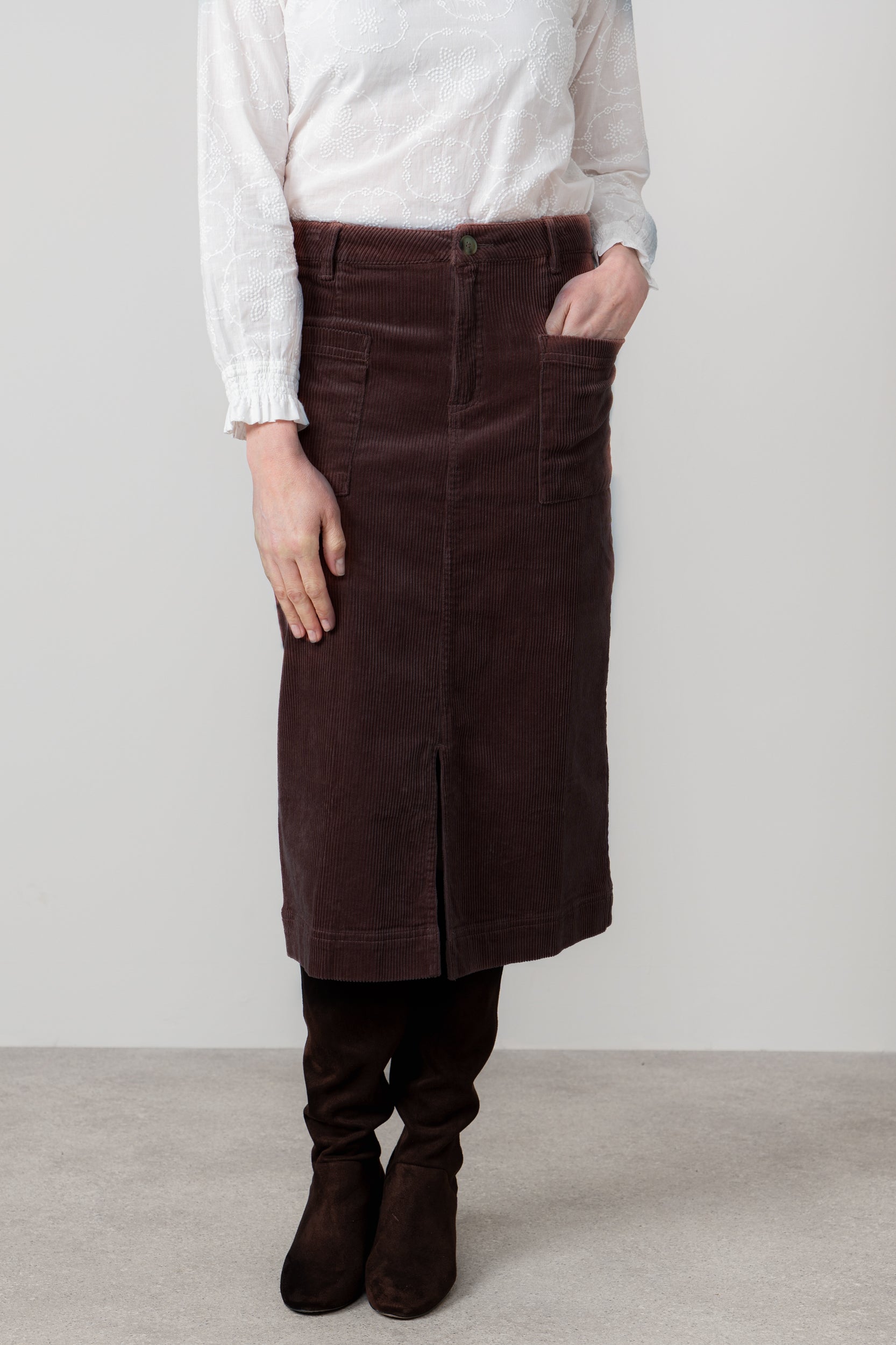 Lily & Me Penrose Stretch Jumbo Cord Midi Skirt Chocolate