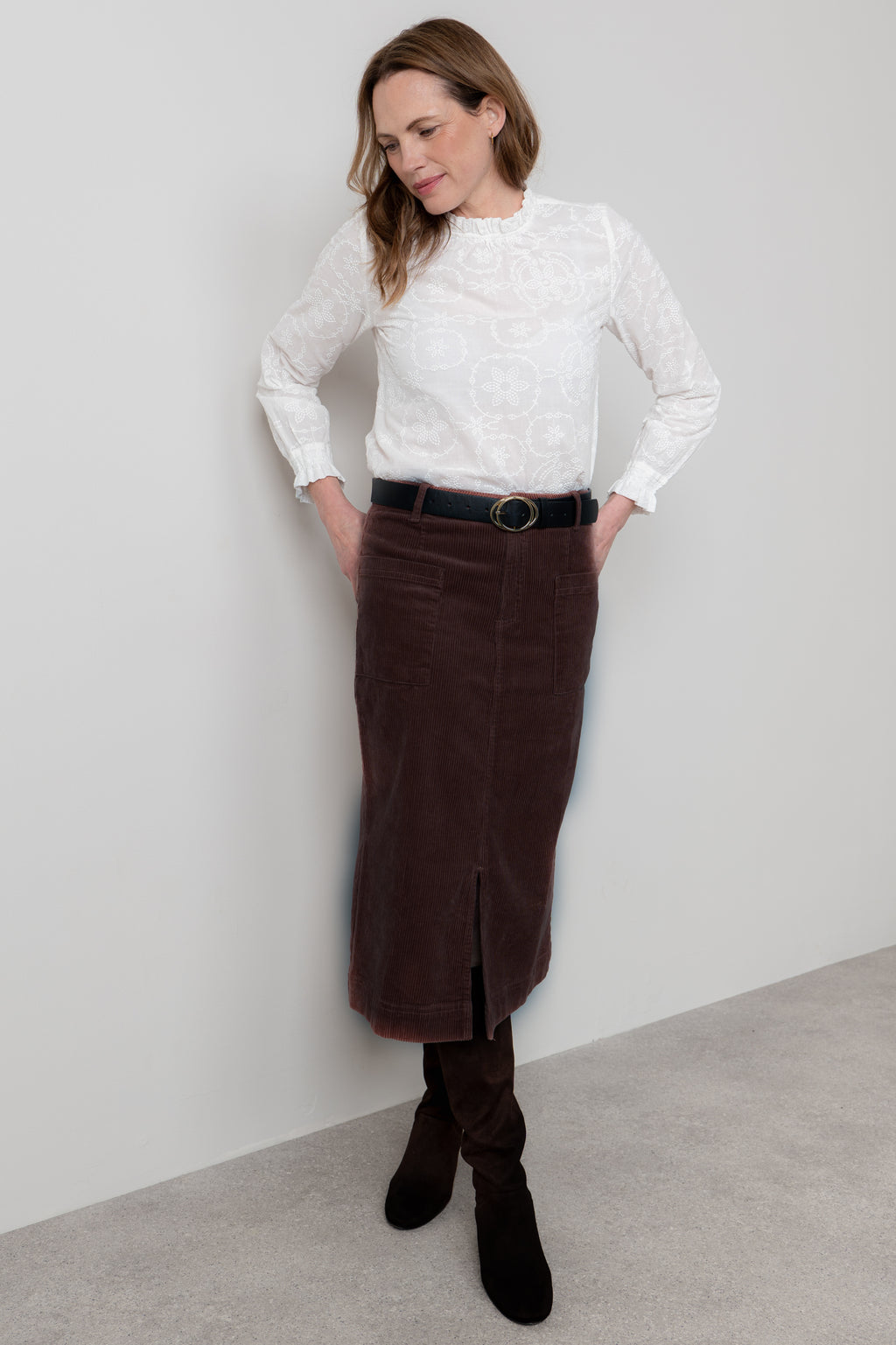 Lily & Me Penrose Stretch Jumbo Cord Midi Skirt Chocolate