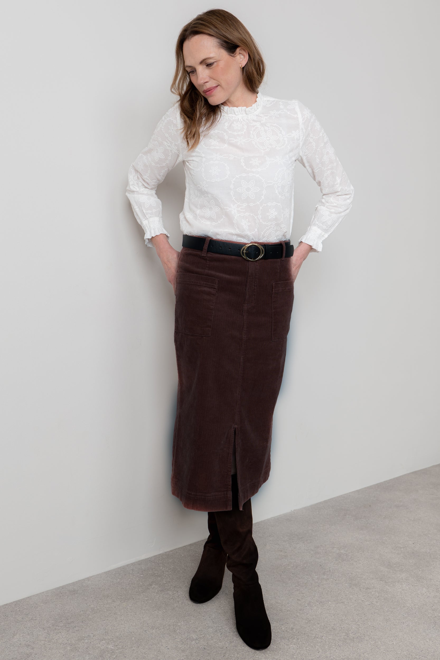 Lily & Me Penrose Stretch Jumbo Cord Midi Skirt Chocolate