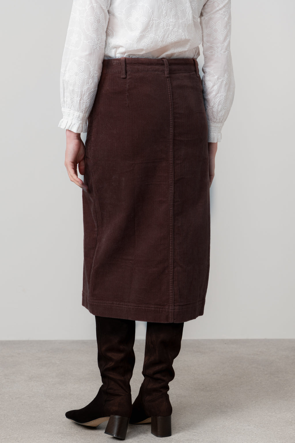 Lily & Me Penrose Stretch Jumbo Cord Midi Skirt Chocolate