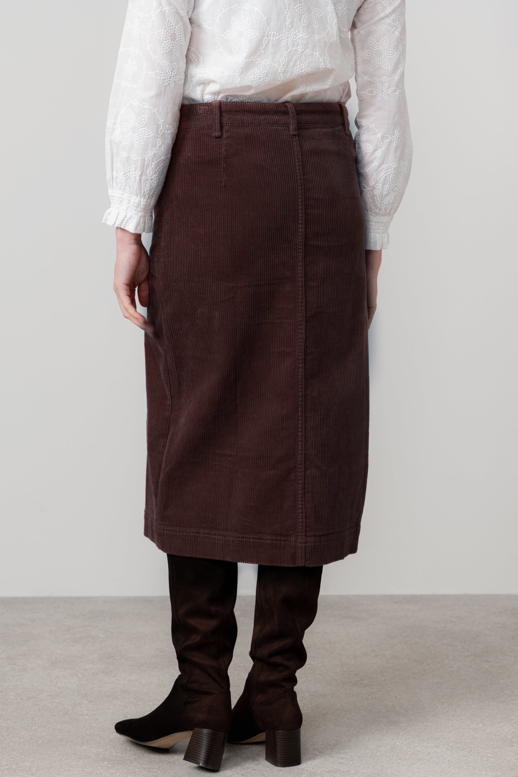 Lily & Me Penrose Stretch Jumbo Cord Midi Skirt Chocolate