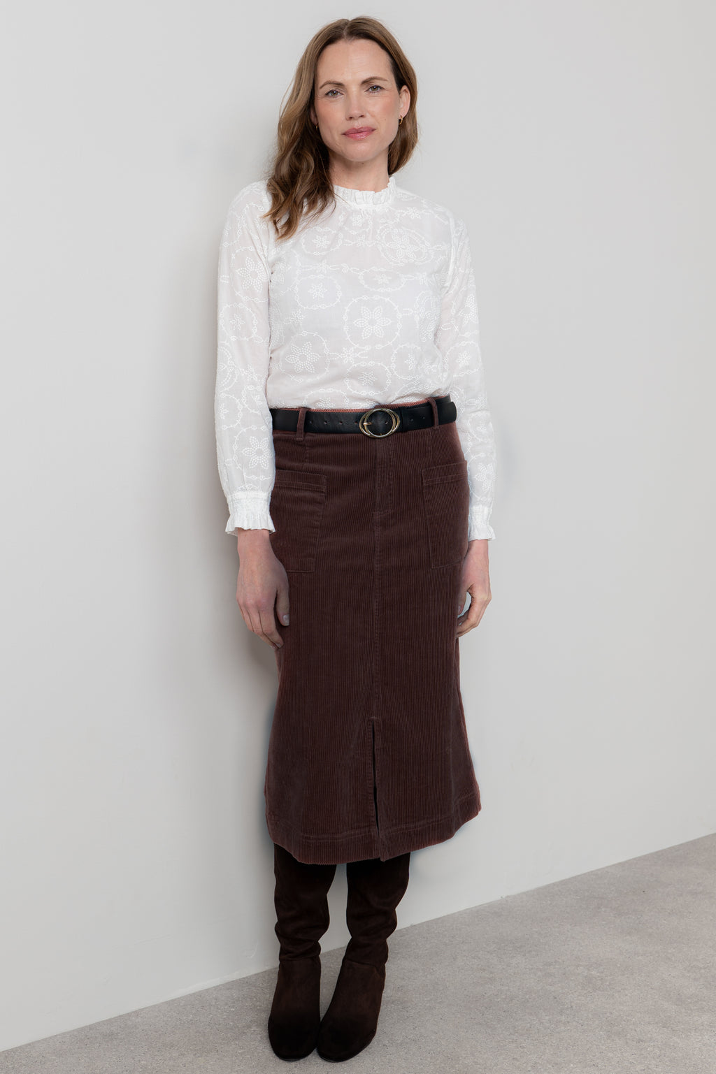Lily & Me Penrose Stretch Jumbo Cord Midi Skirt Chocolate