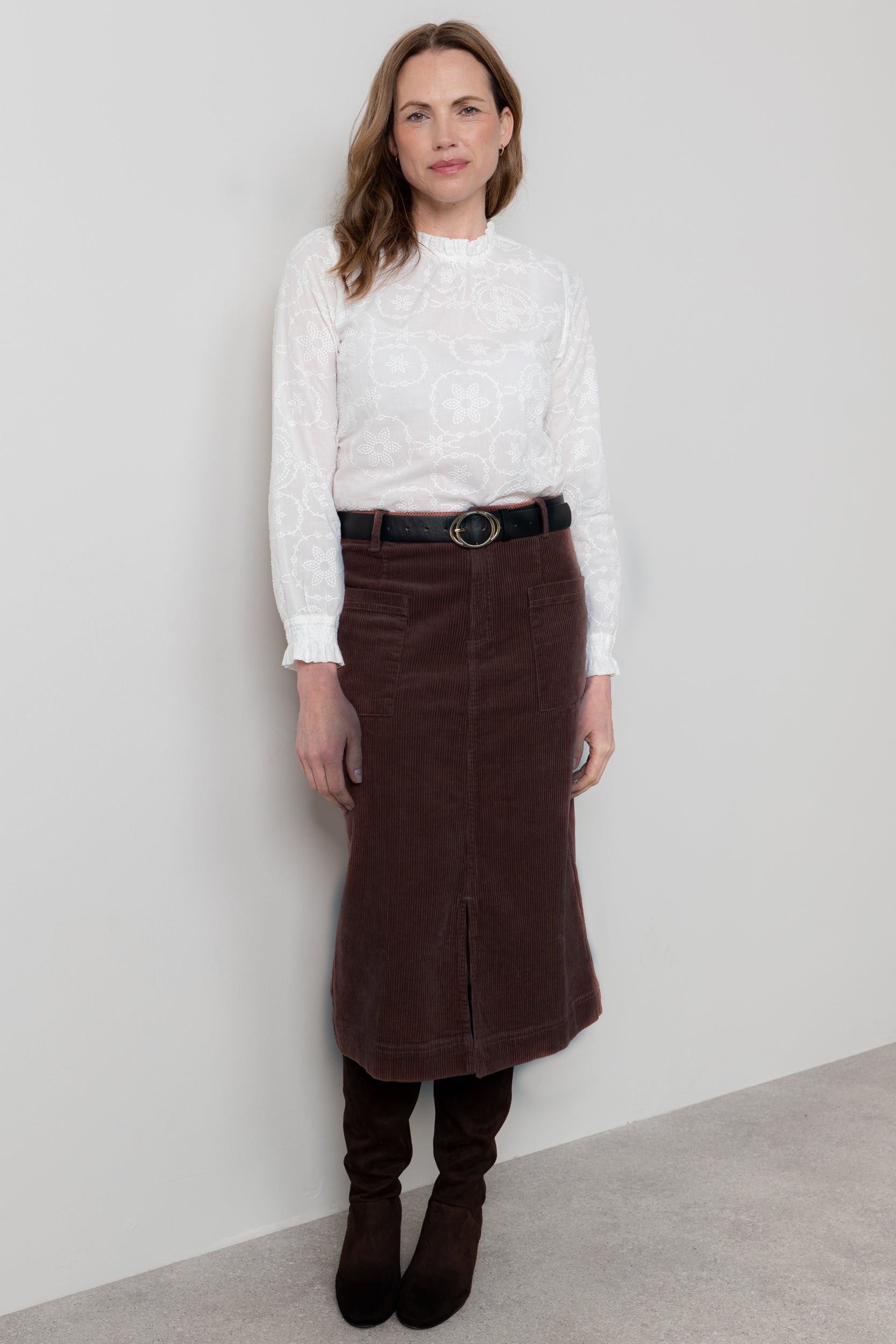 Lily & Me Penrose Stretch Jumbo Cord Midi Skirt Chocolate