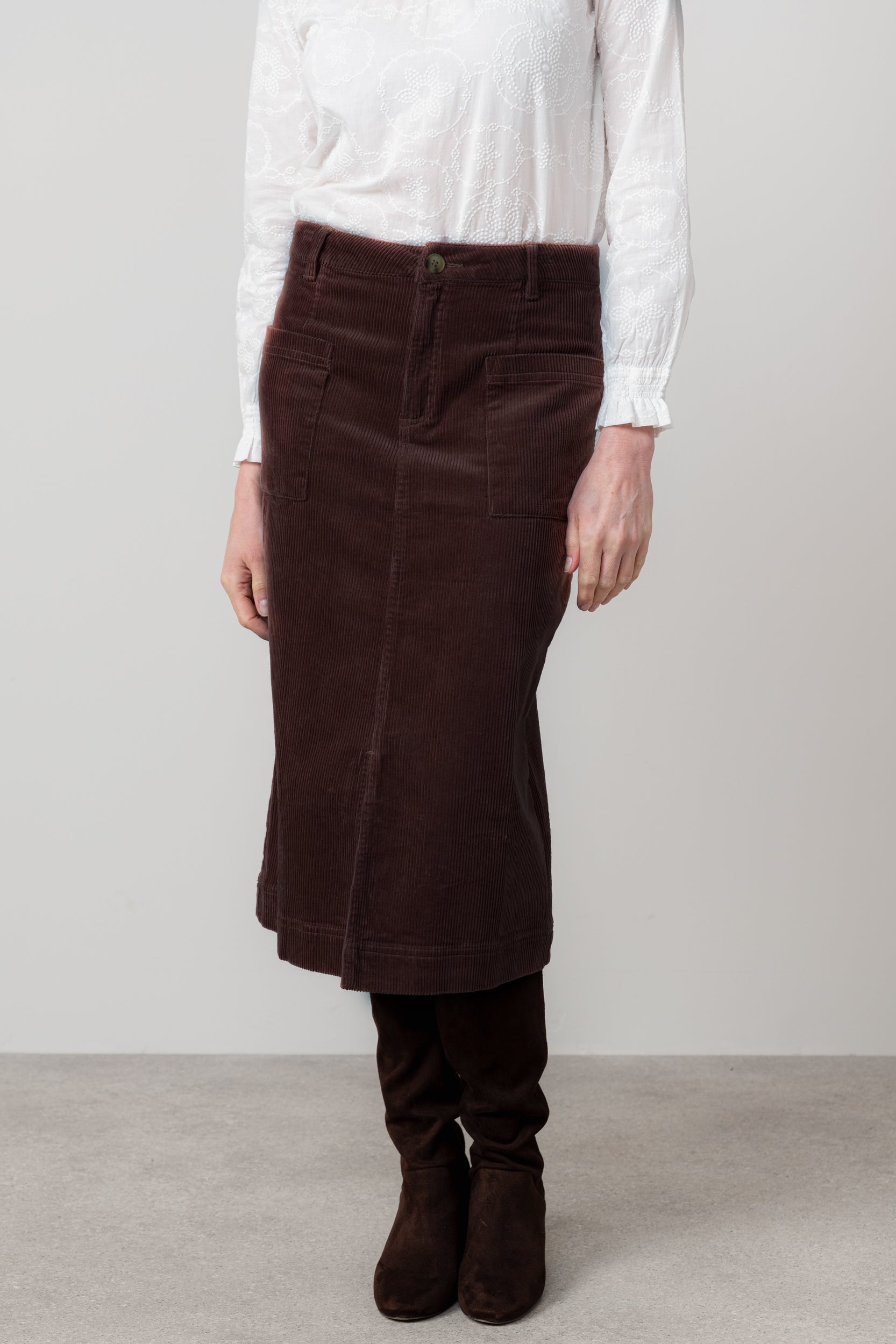 Lily & Me Penrose Stretch Jumbo Cord Midi Skirt Chocolate