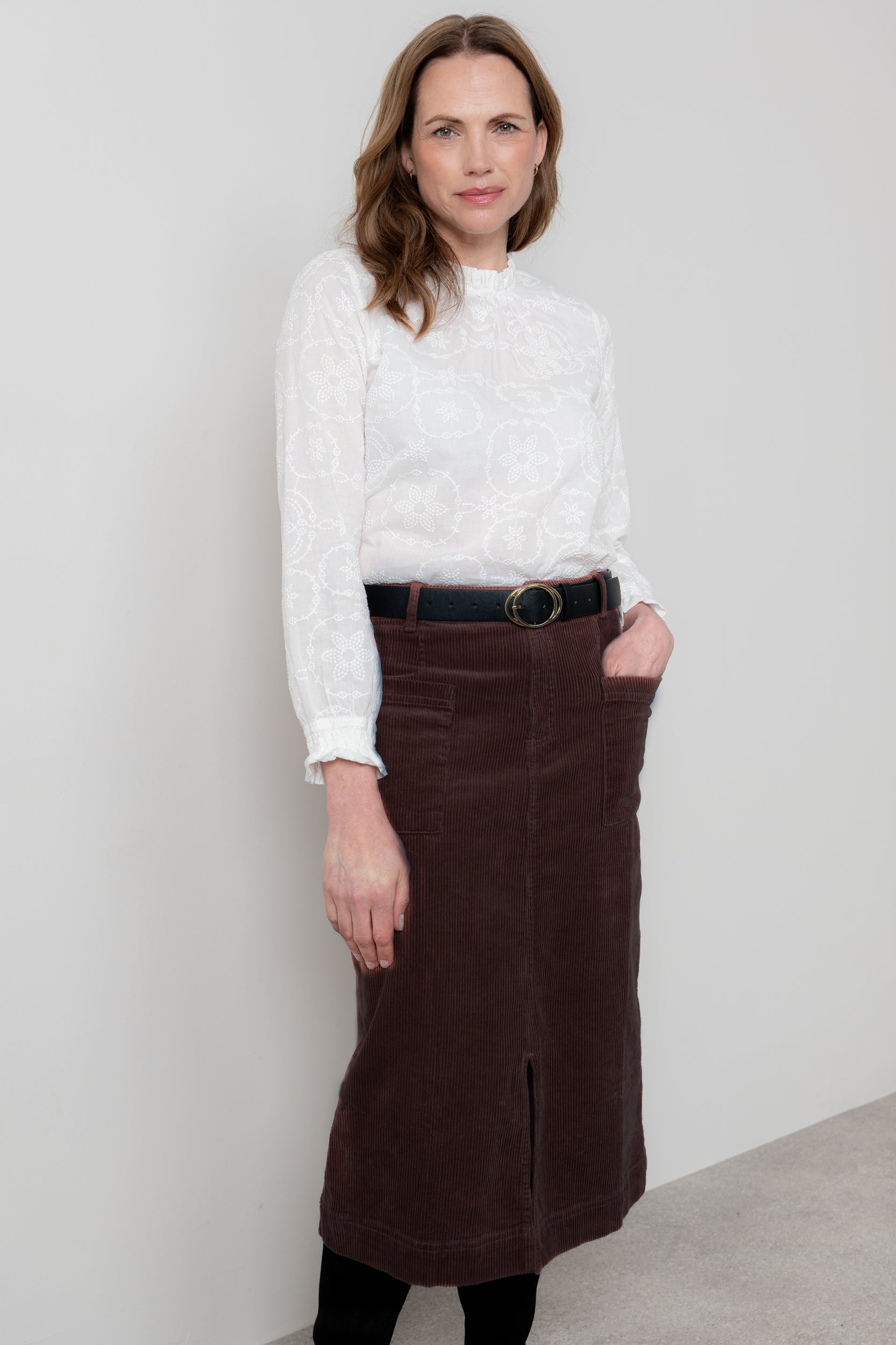 Lily & Me Penrose Stretch Jumbo Cord Midi Skirt Chocolate