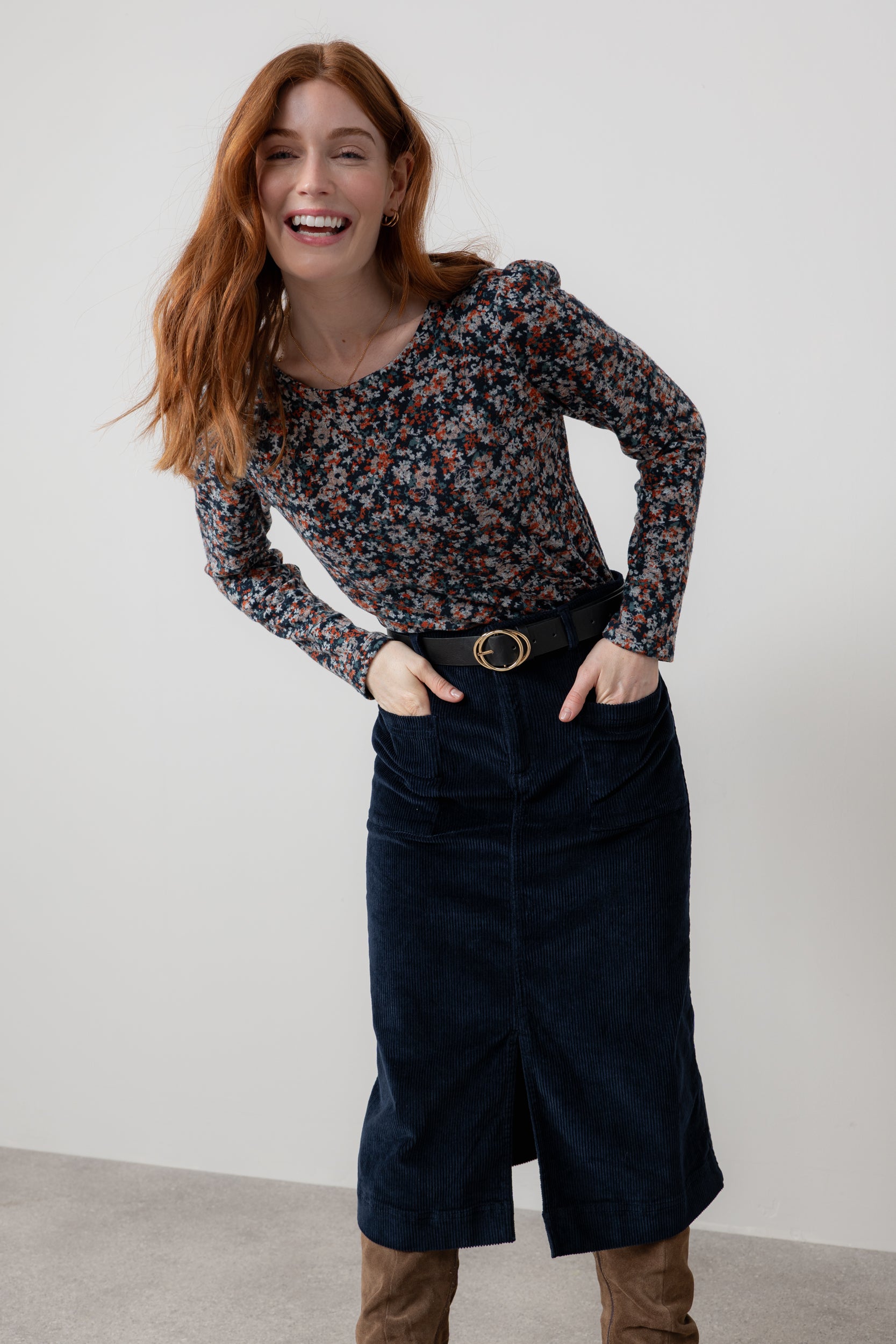 Lily & Me Penrose Stretch Jumbo Cord Midi Skirt Navy