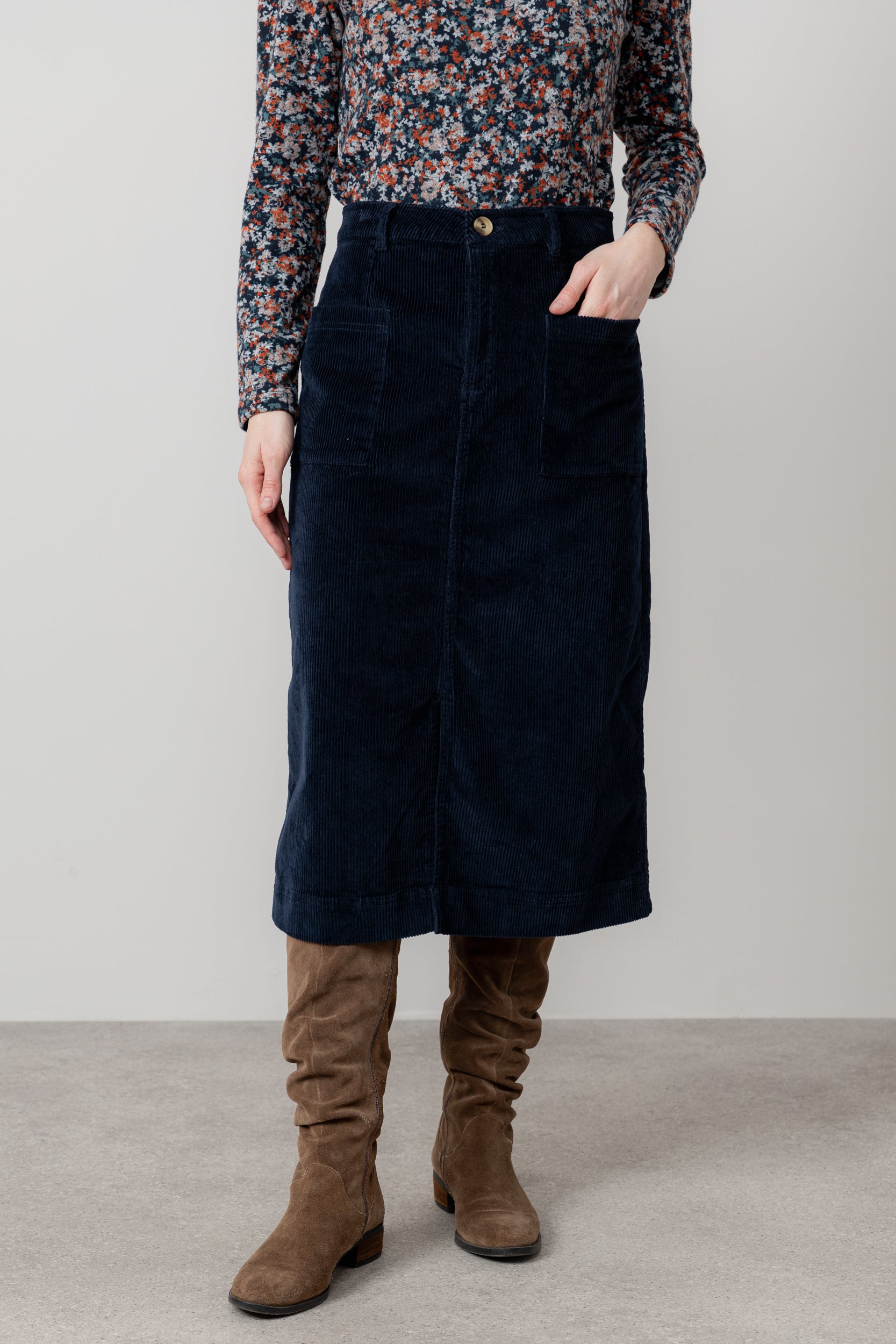 Lily & Me Penrose Stretch Jumbo Cord Midi Skirt Navy