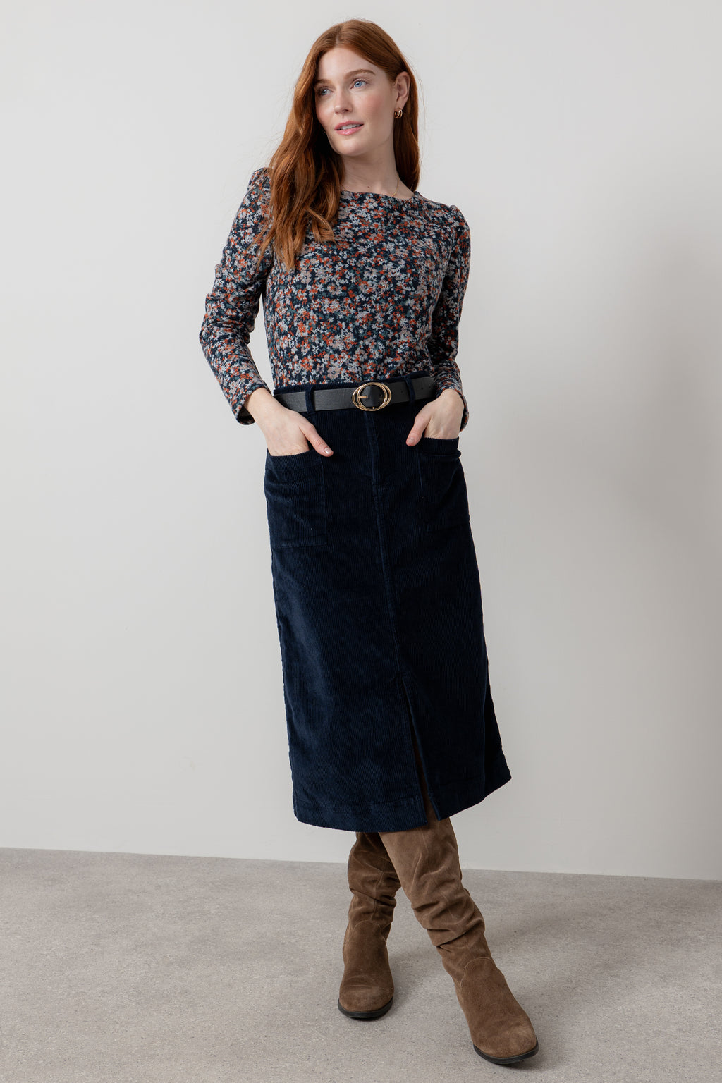Lily & Me Penrose Stretch Jumbo Cord Midi Skirt Navy