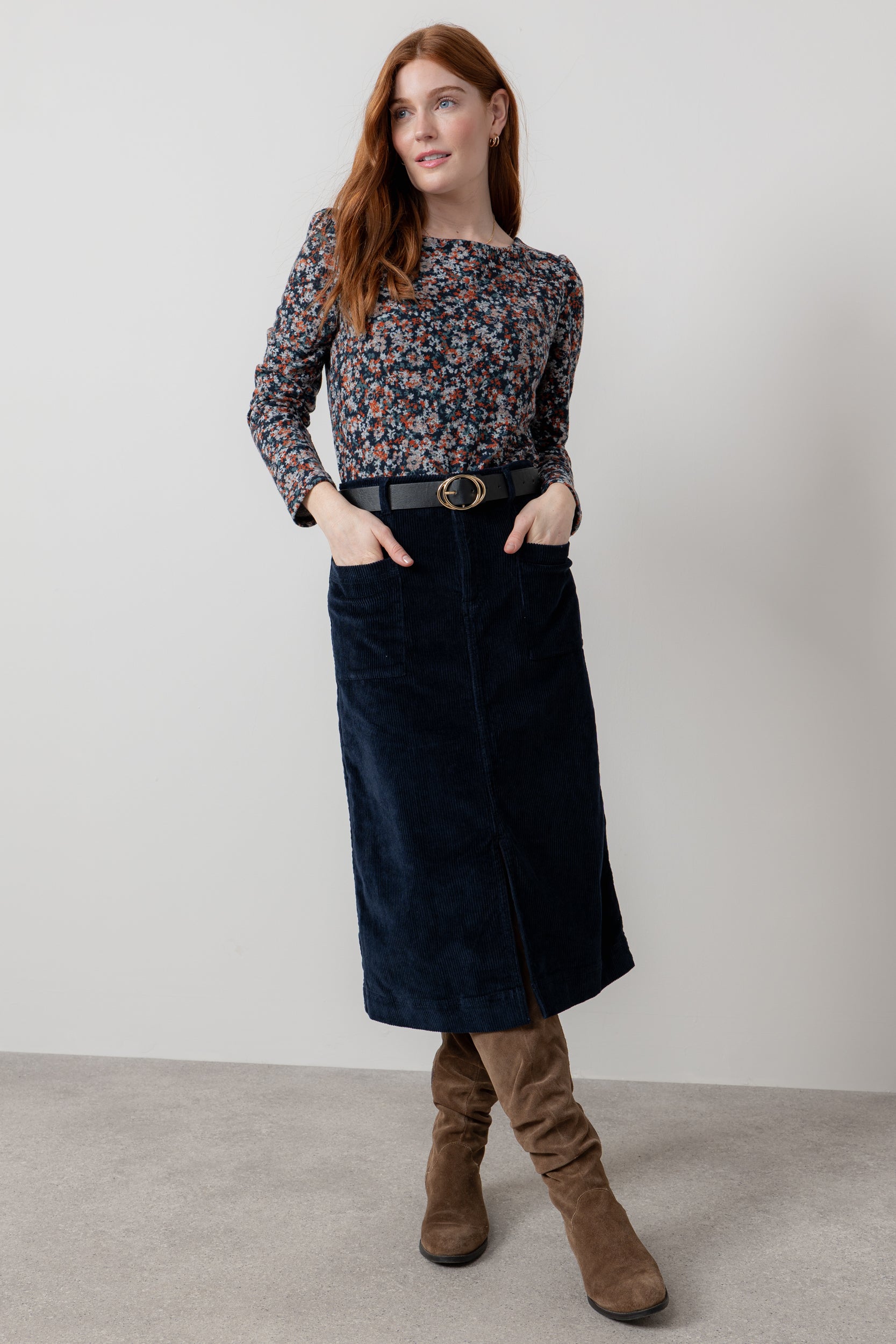 Lily & Me Penrose Stretch Jumbo Cord Midi Skirt Navy