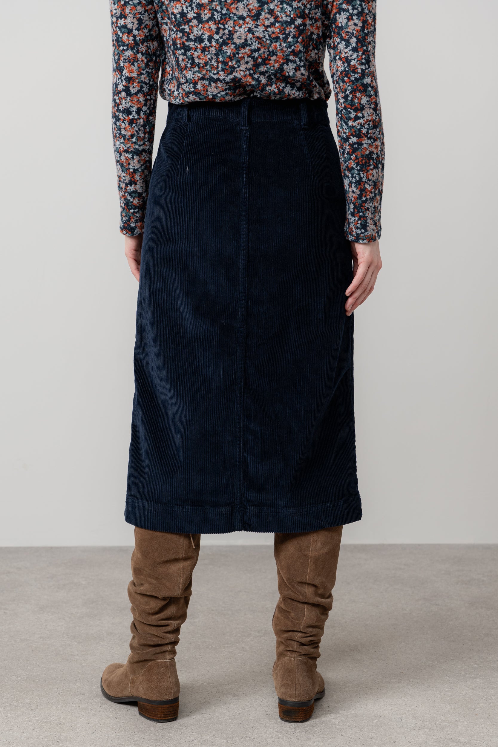 Lily & Me Penrose Stretch Jumbo Cord Midi Skirt Navy