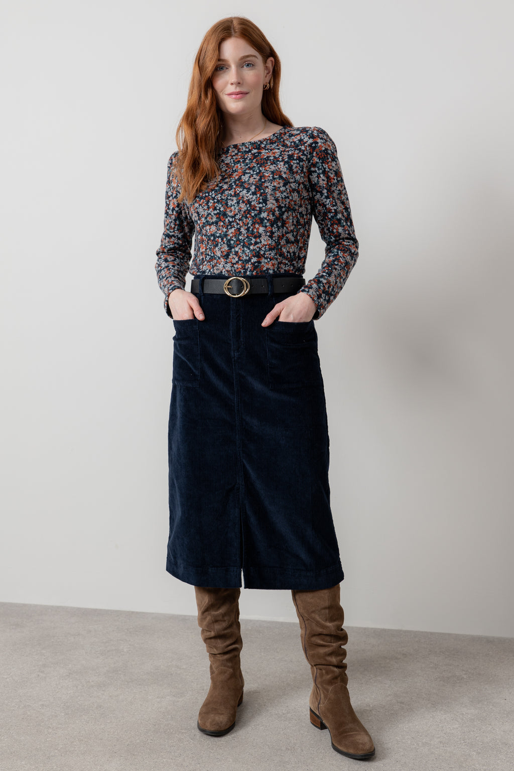 Lily & Me Penrose Stretch Jumbo Cord Midi Skirt Navy