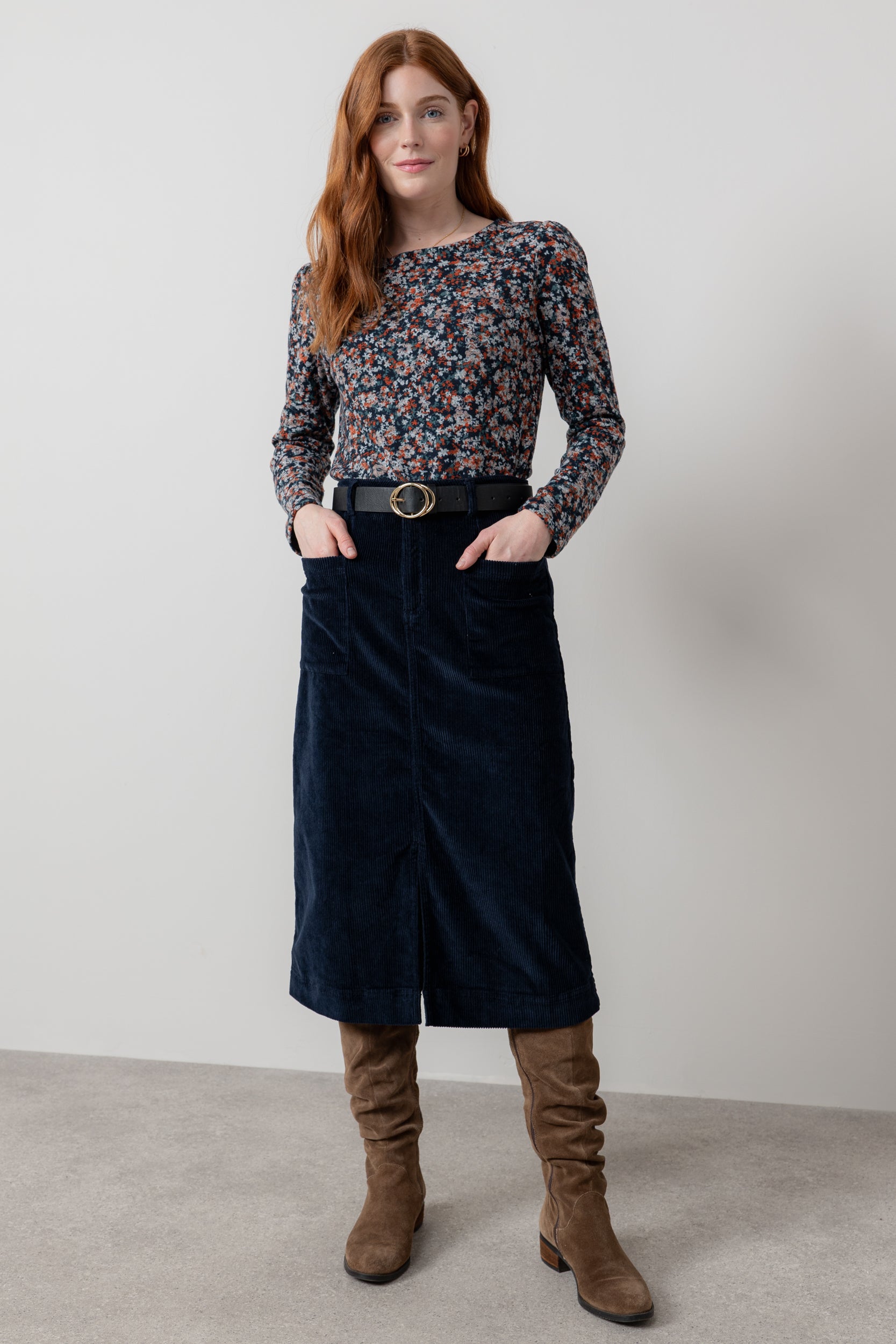 Lily & Me Penrose Stretch Jumbo Cord Midi Skirt Navy
