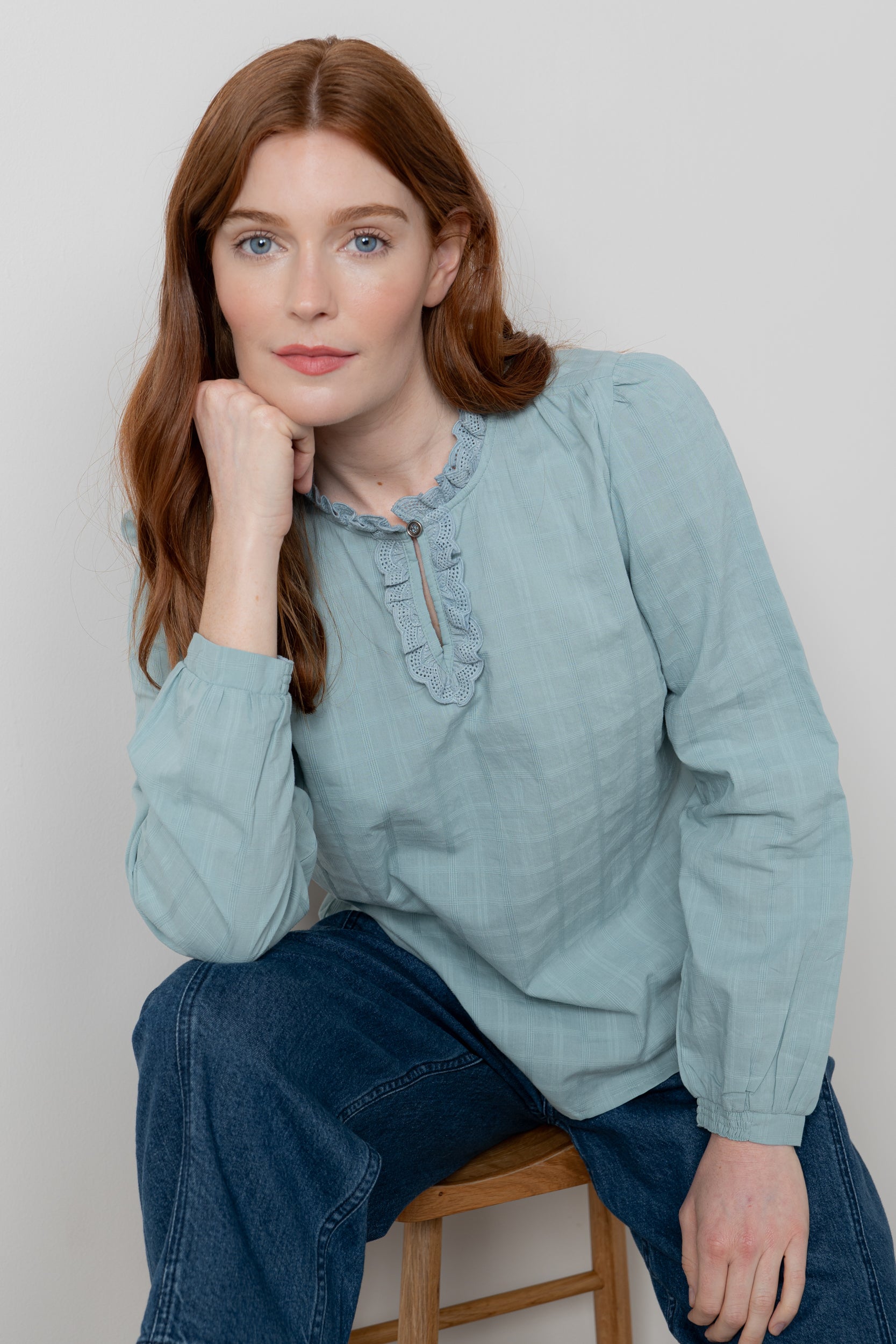 Lily & Me Emily Organic Cotton Check Keyhole Blouse Ice Blue