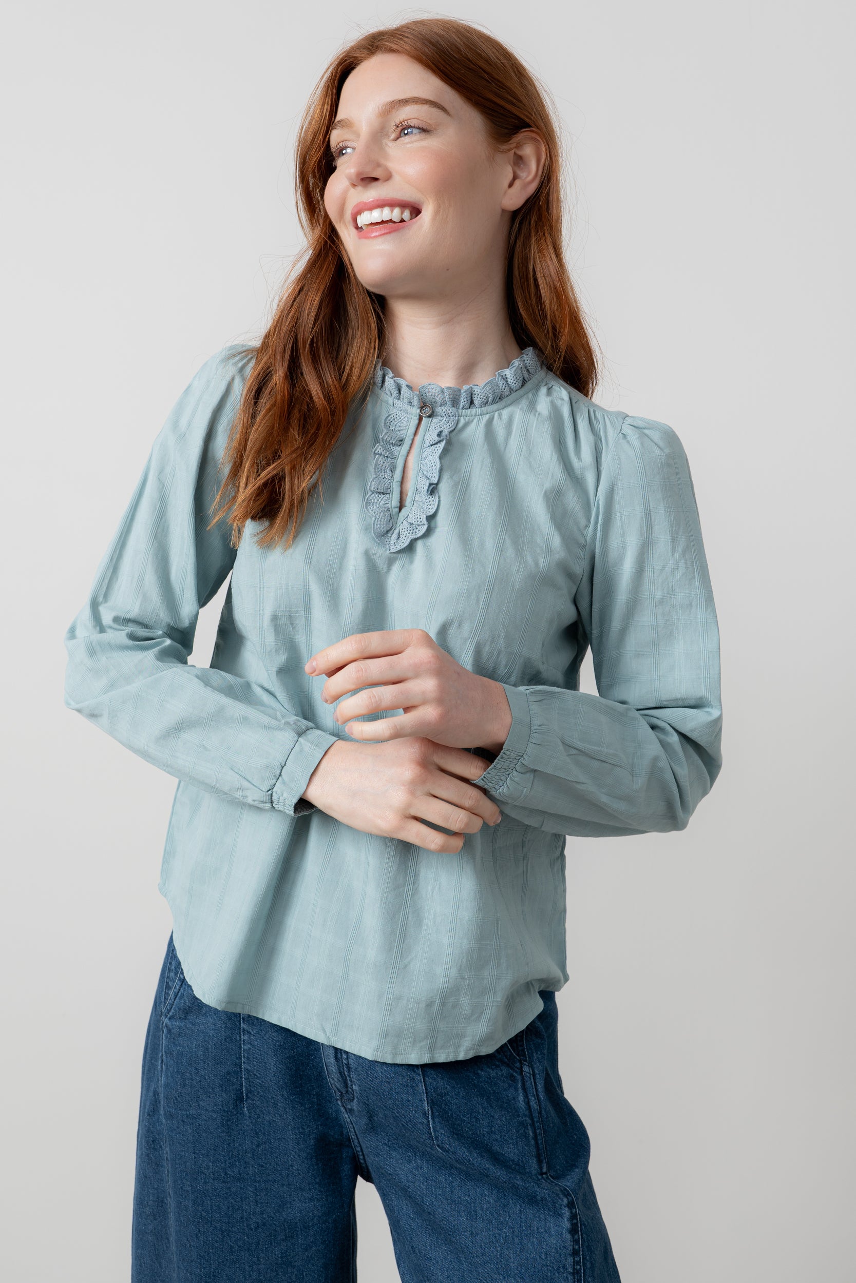 Lily & Me Emily Organic Cotton Check Keyhole Blouse Ice Blue