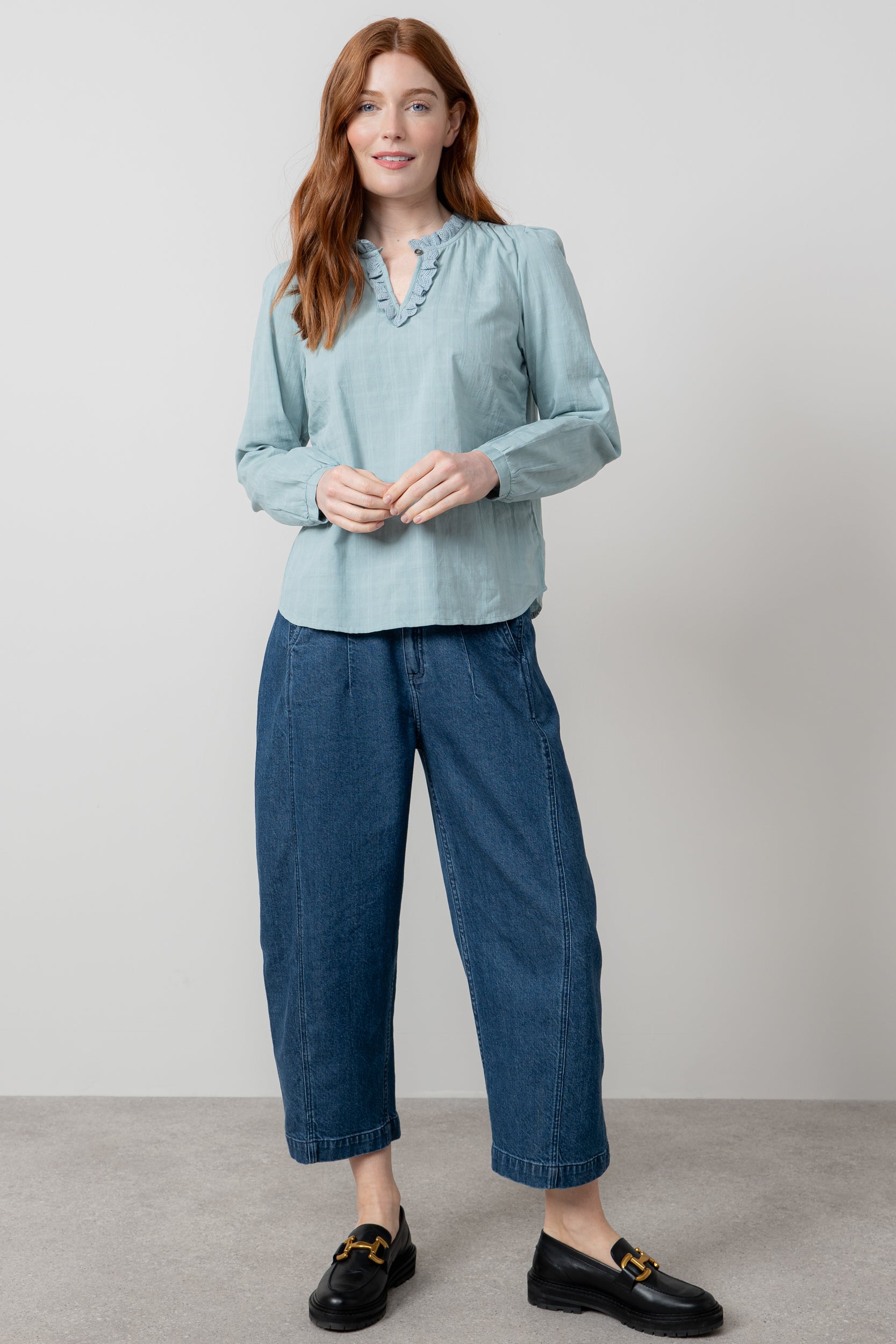 Lily & Me Emily Organic Cotton Check Keyhole Blouse Ice Blue