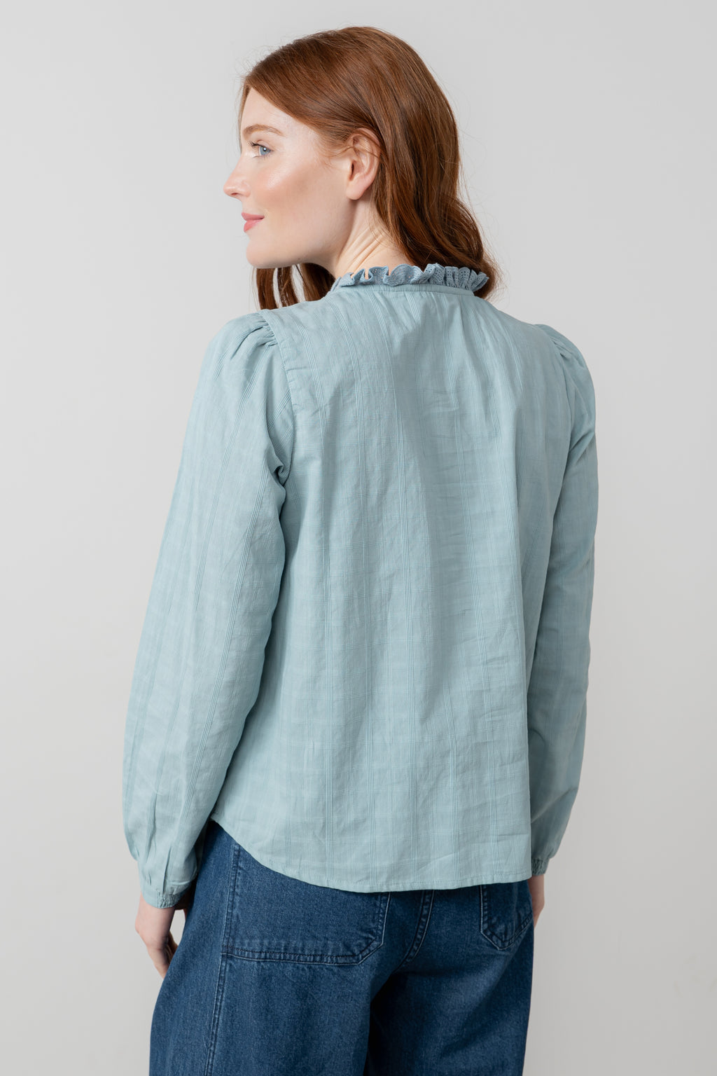 Lily & Me Emily Organic Cotton Check Keyhole Blouse Ice Blue