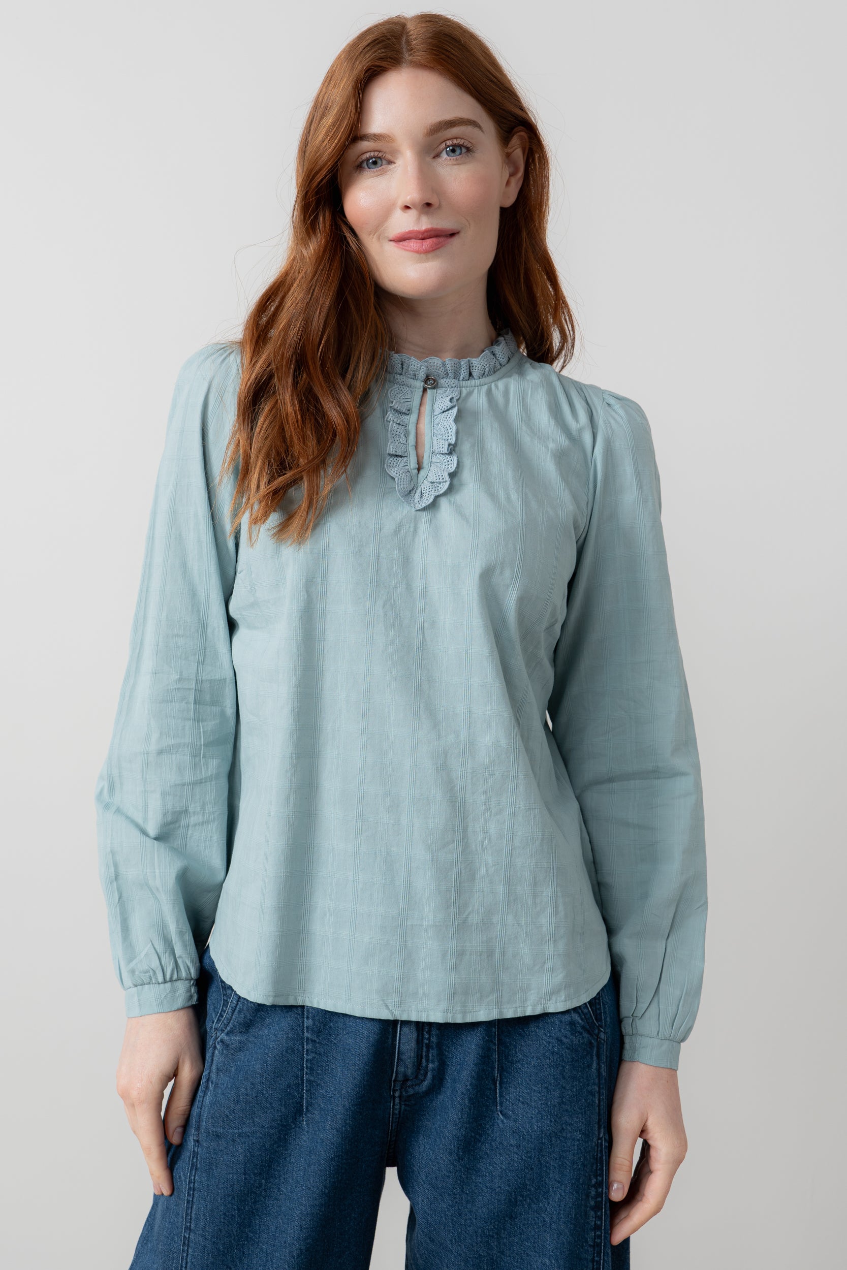Lily & Me Emily Organic Cotton Check Keyhole Blouse Ice Blue