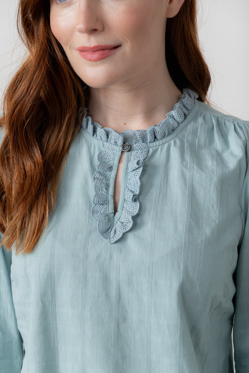 Lily & Me Emily Organic Cotton Check Keyhole Blouse Ice Blue