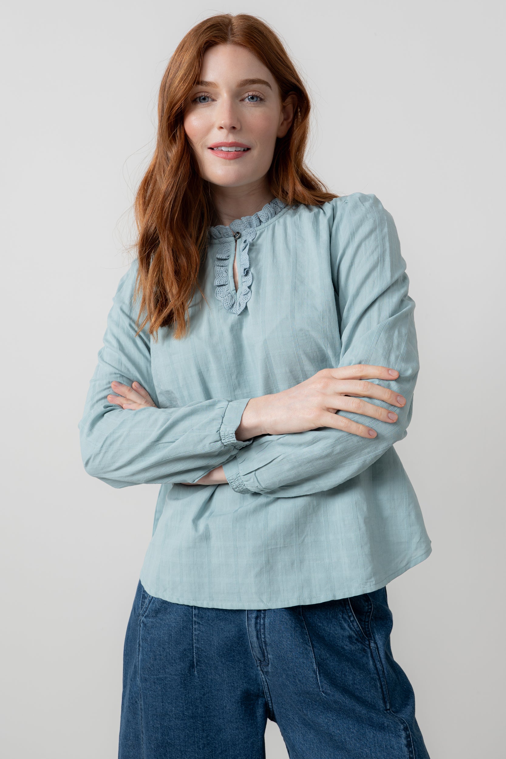 Lily & Me Emily Organic Cotton Check Keyhole Blouse Ice Blue