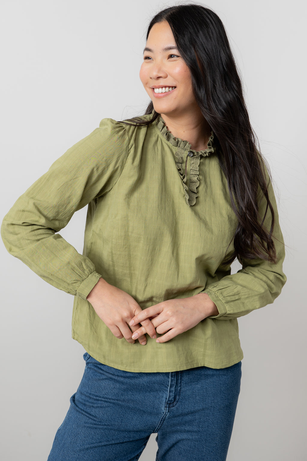 Lily & Me Emily Organic Cotton Check Keyhole Blouse Moss