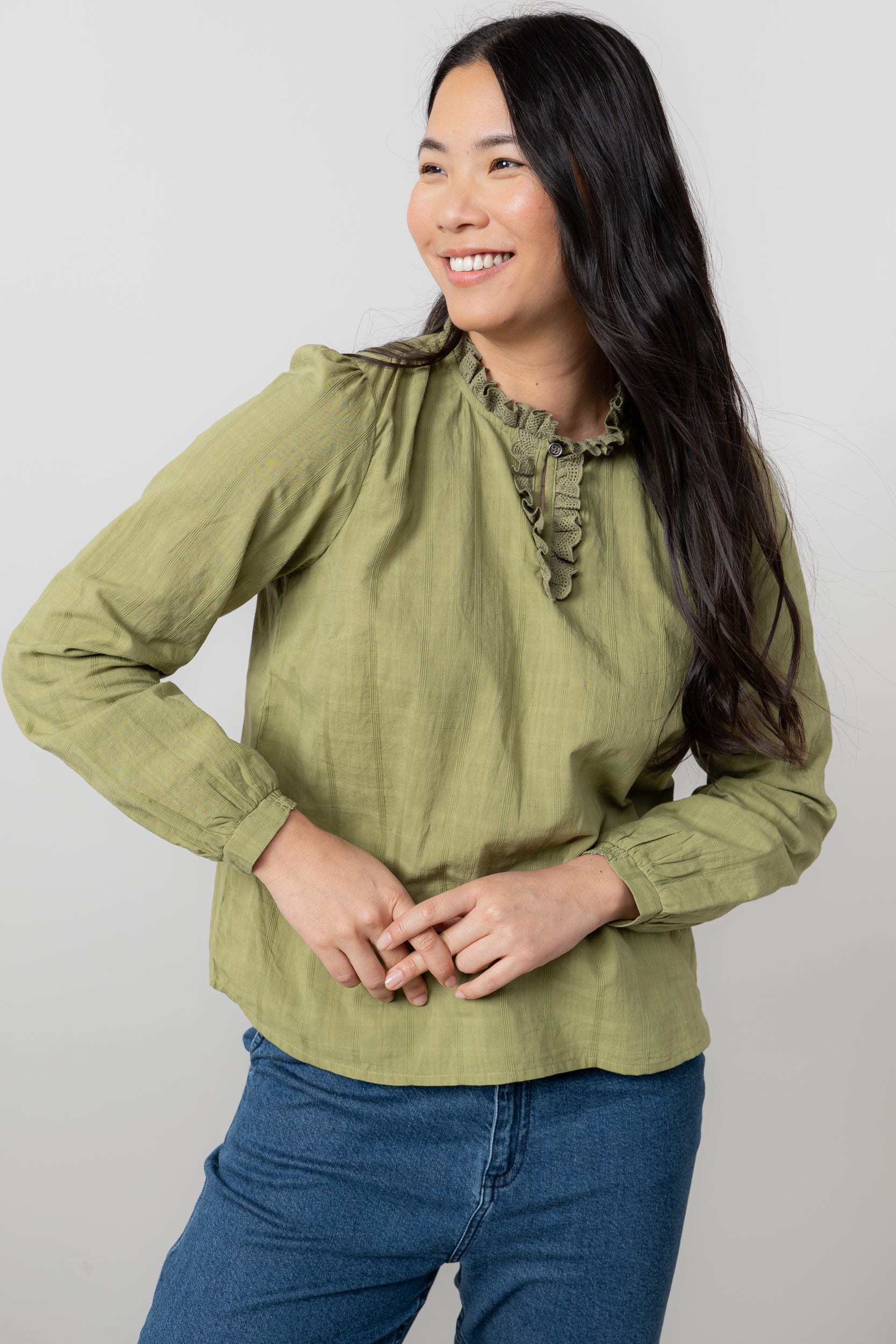 Lily & Me Emily Organic Cotton Check Keyhole Blouse Moss