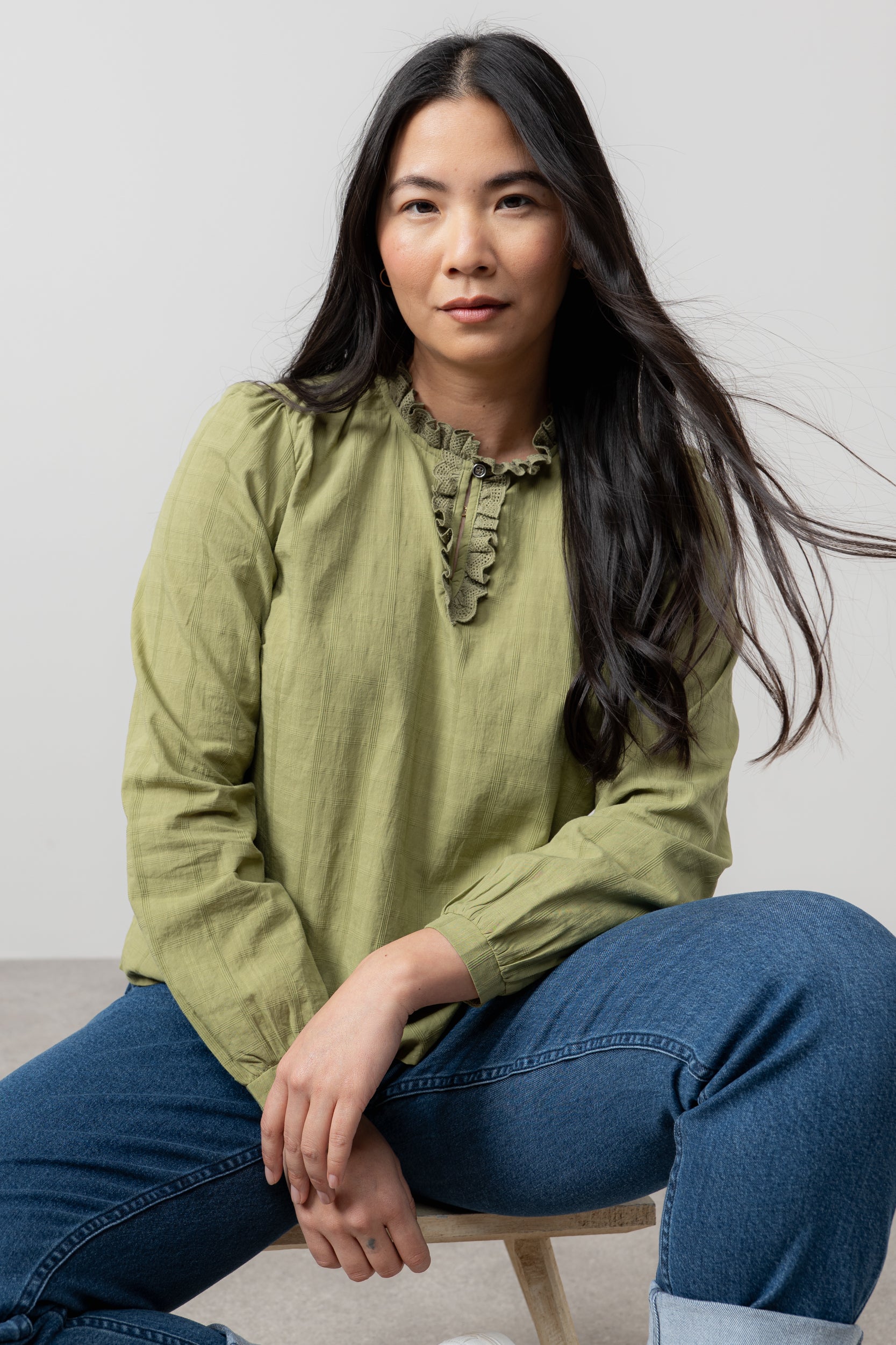 Lily & Me Emily Organic Cotton Check Keyhole Blouse Moss