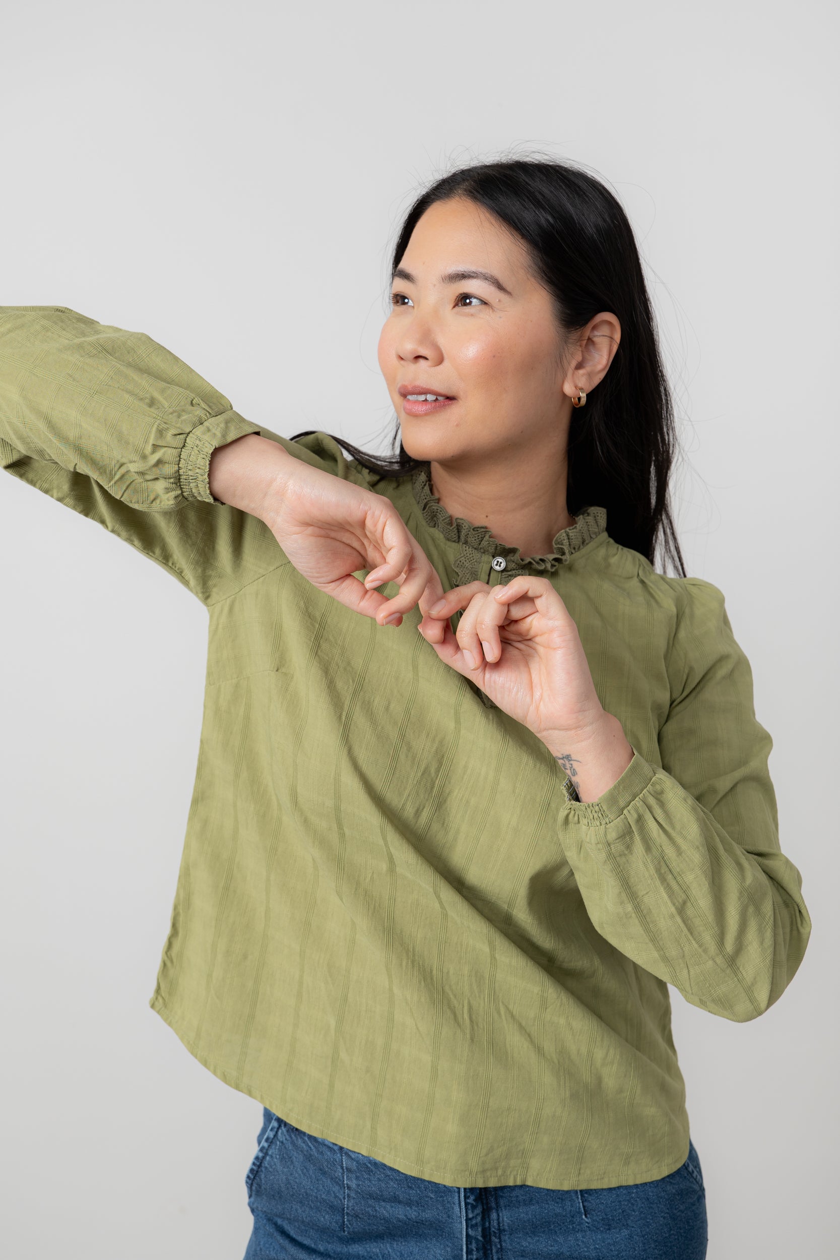 Lily & Me Emily Organic Cotton Check Keyhole Blouse Moss