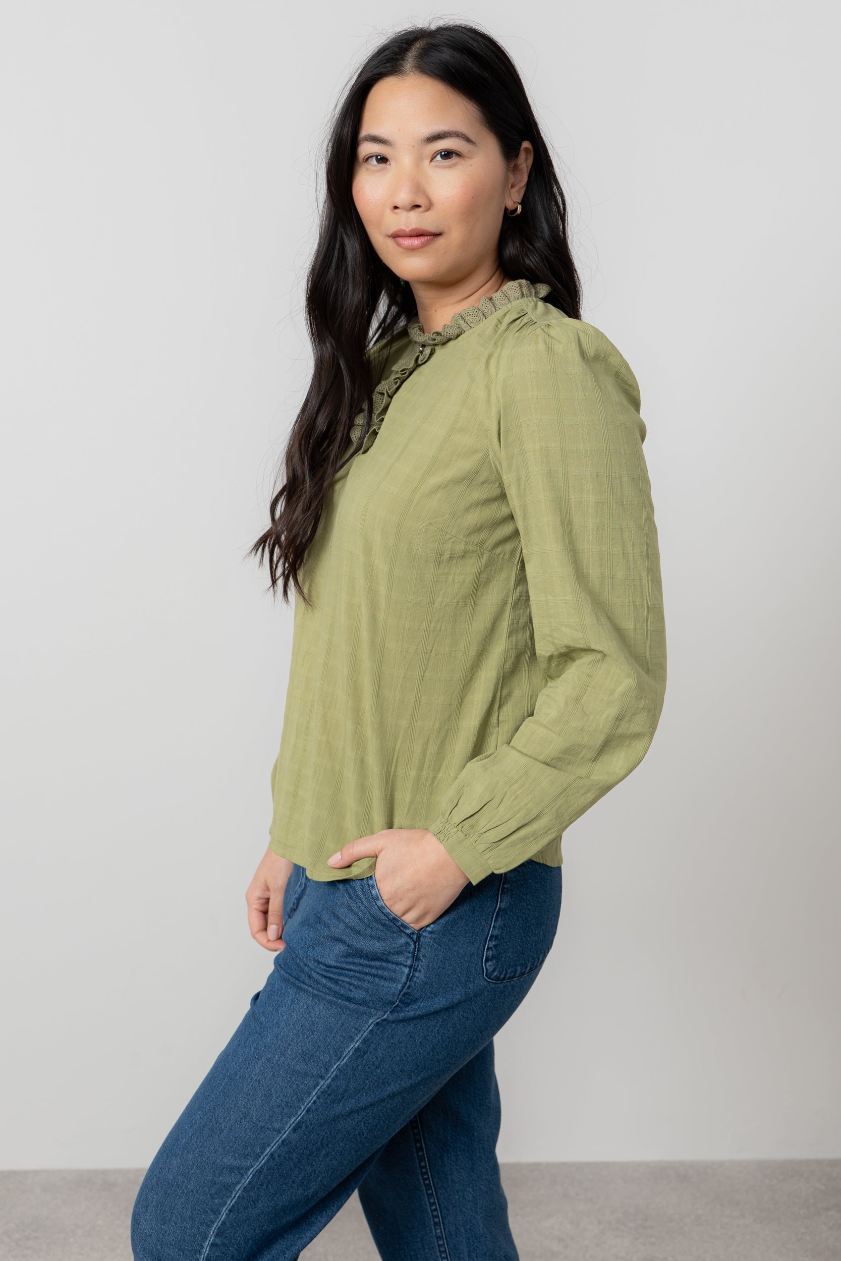 Lily & Me Emily Organic Cotton Check Keyhole Blouse Moss