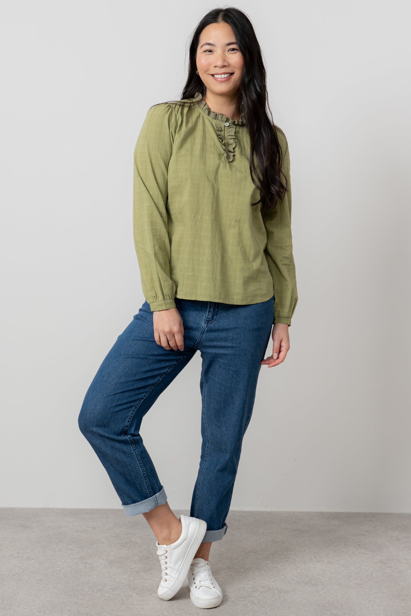 Lily & Me Emily Organic Cotton Check Keyhole Blouse Moss