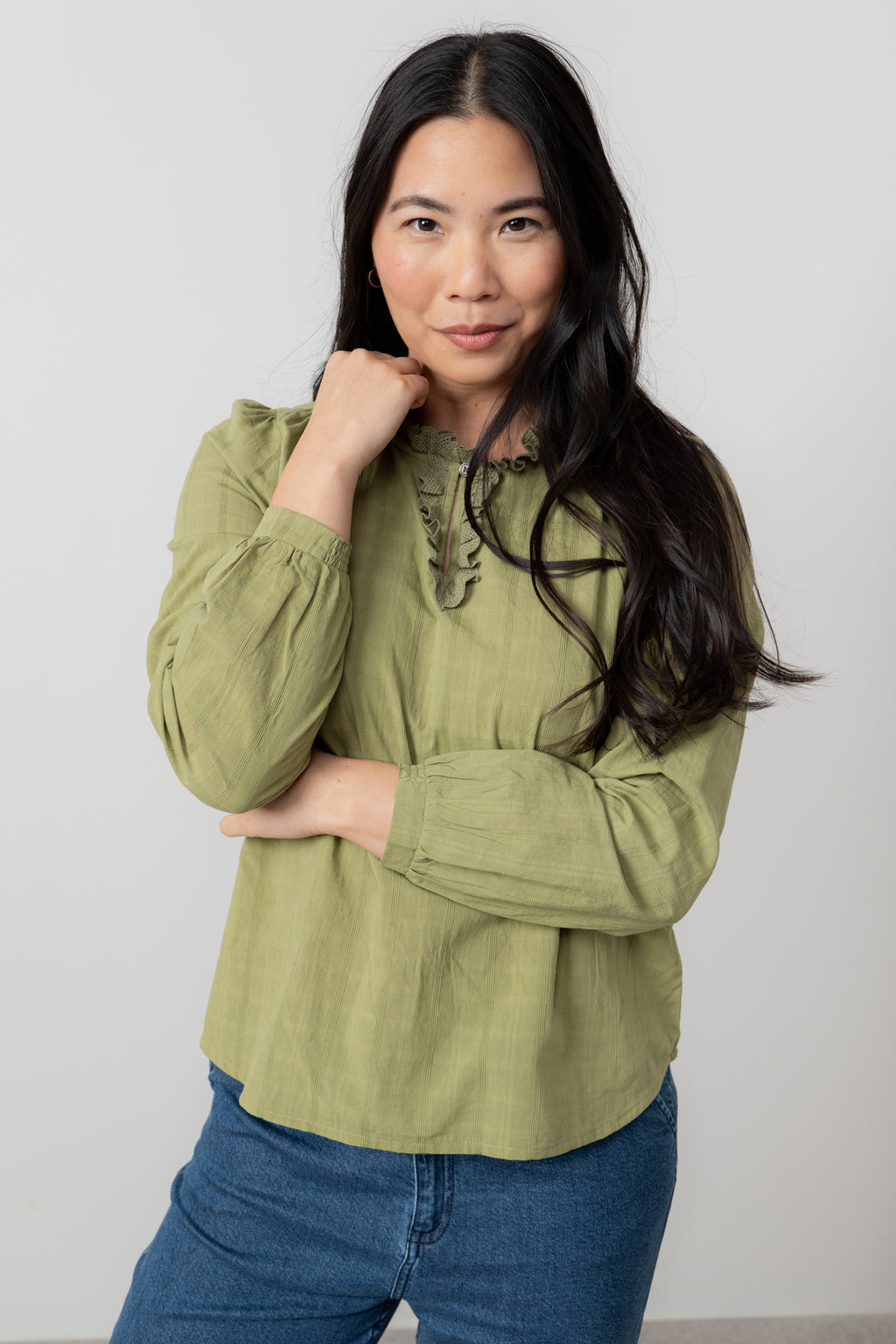 Lily & Me Emily Organic Cotton Check Keyhole Blouse Moss