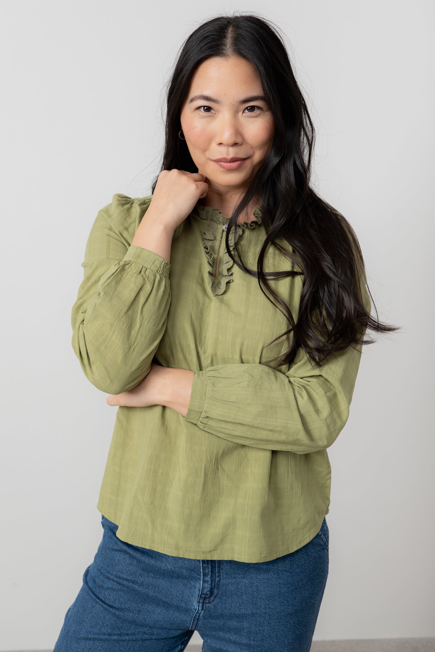 Lily & Me Emily Organic Cotton Check Keyhole Blouse Moss