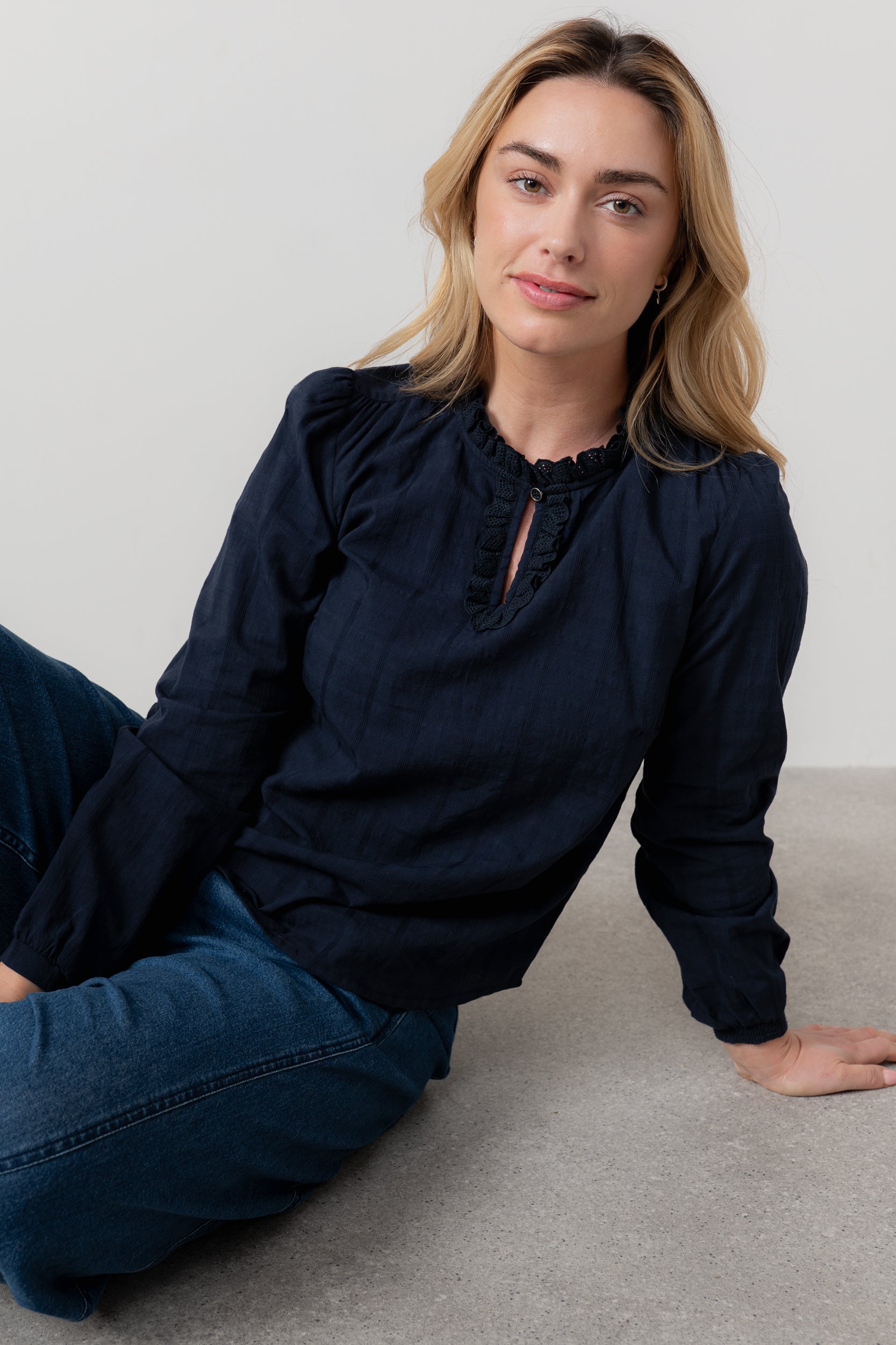 Lily & Me Patsy Organic Cotton Check Keyhole Blouse Navy